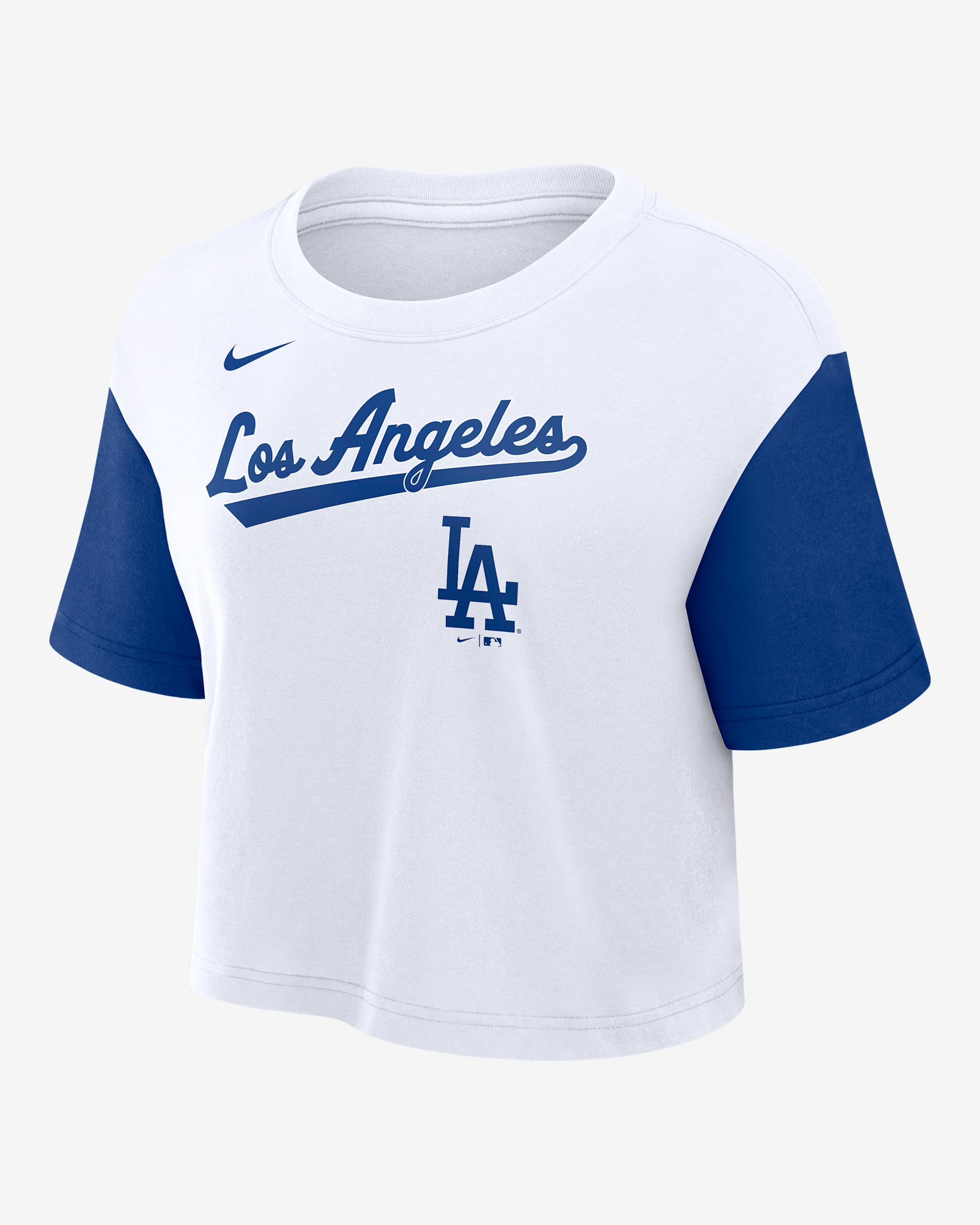 Playera Nike Dri-FIT de la MLB cropped para mujer Los Angeles Dodgers Script - Blanco