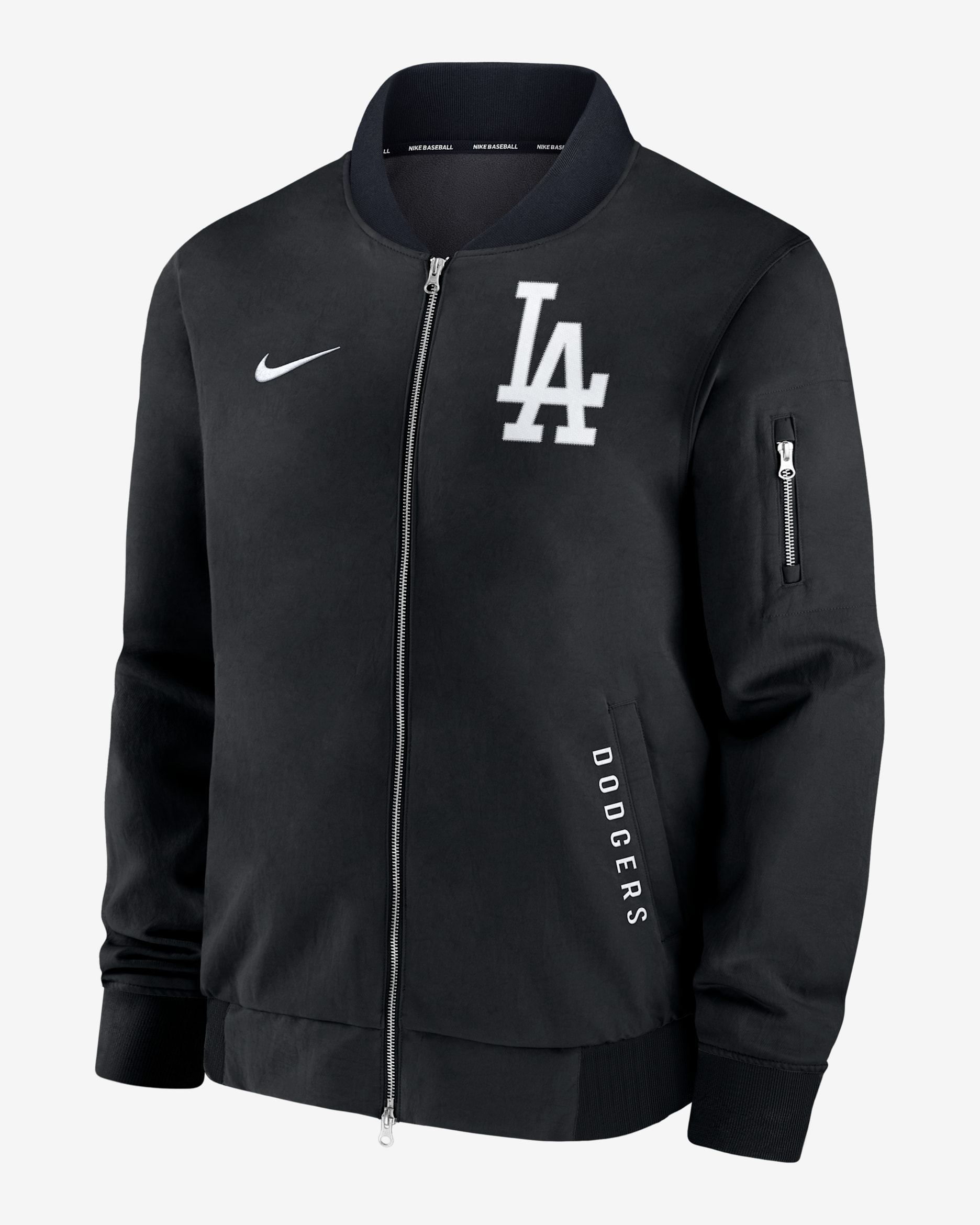 Chamarra bomber Nike de la MLB de cierre completo para hombre Los Angeles Dodgers Authentic Collection Dugout - Negro