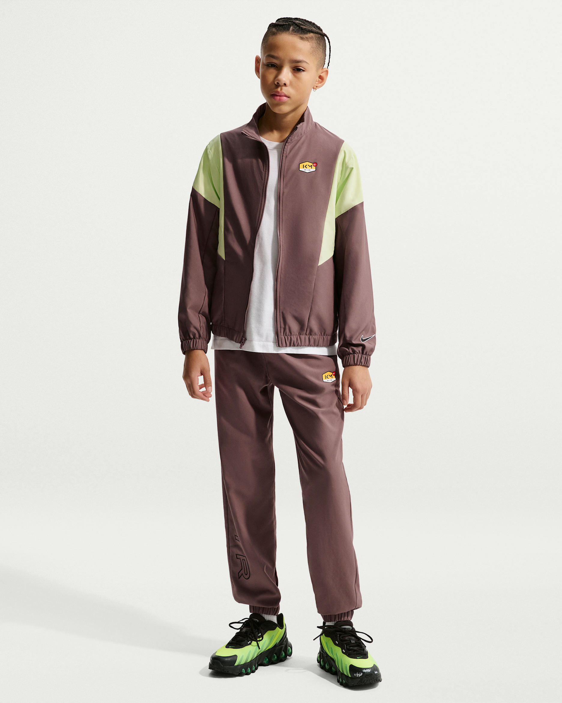 Kylian Mbappé Xandall de futbol de teixit Woven amb cremallera completa - Nen/a - Plum Eclipse/Light Liquid Lime/Negre