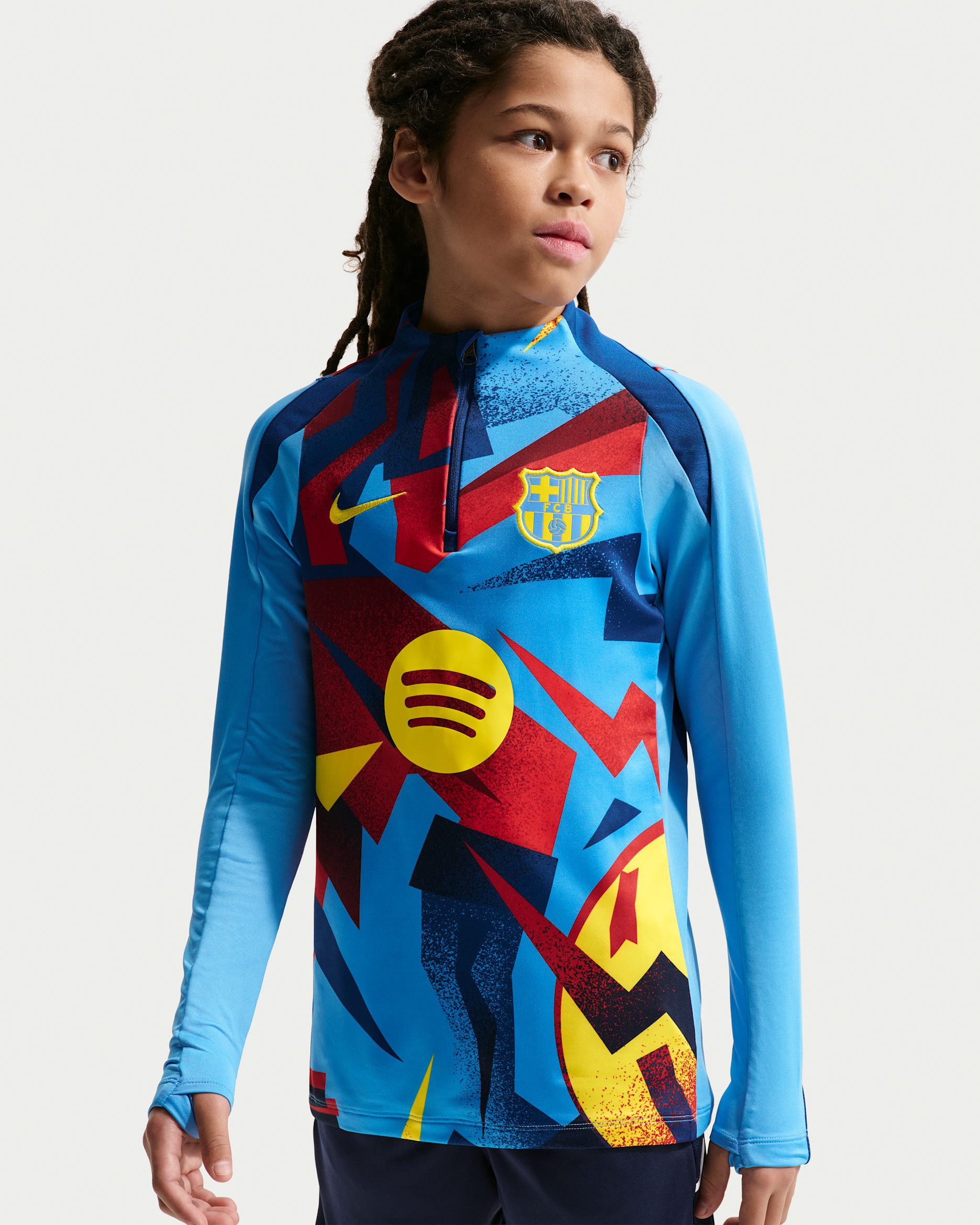 FC Barcelona Strike Fourth Nike Dri-FIT Pre-Match Fußball Drill Oberteil für ältere Kinder - University Blue/University Blue/Gym Blue/Opti Yellow