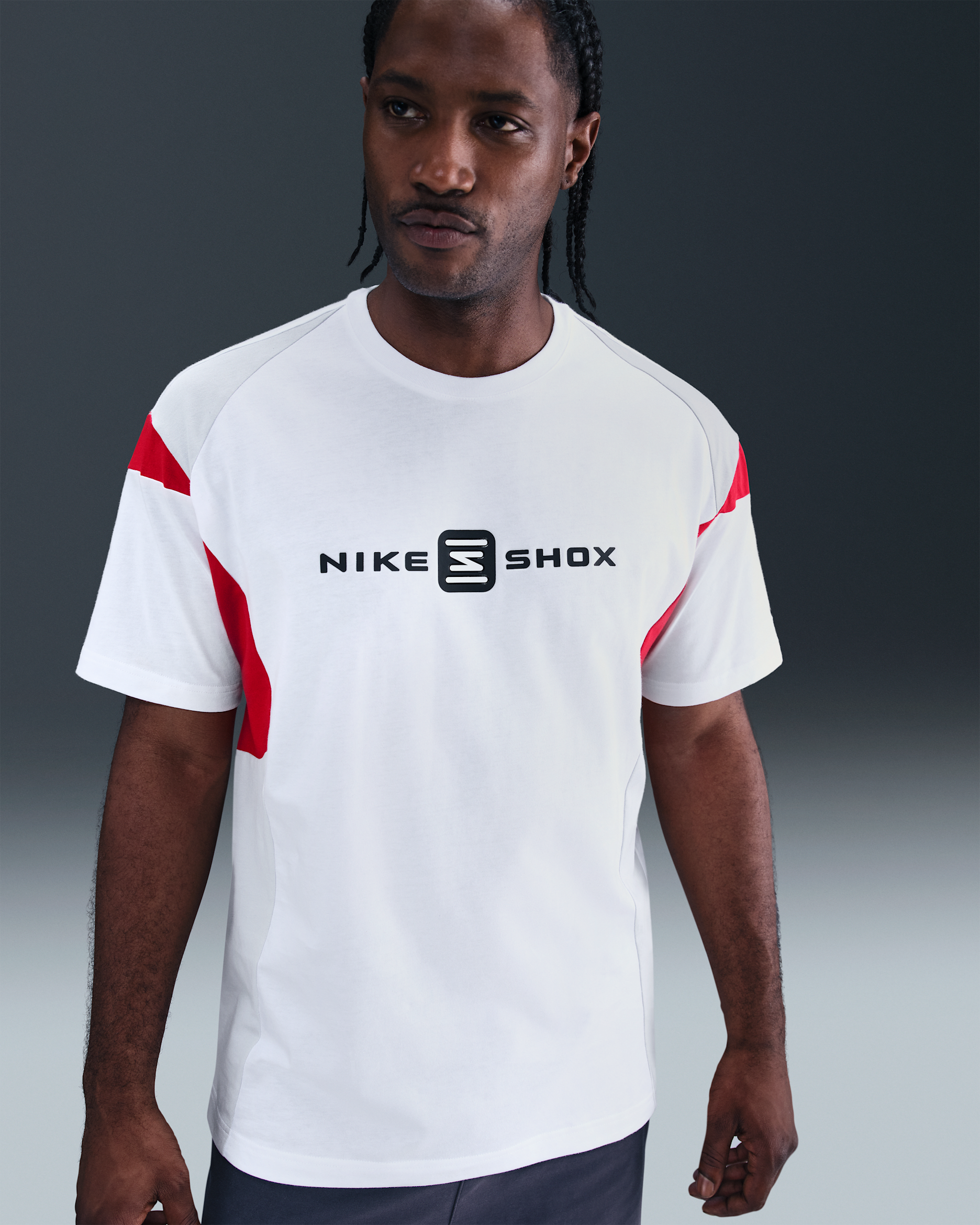 Nike Sportswear Shox-T-shirt til mænd - hvid/Grey Fog/University Red