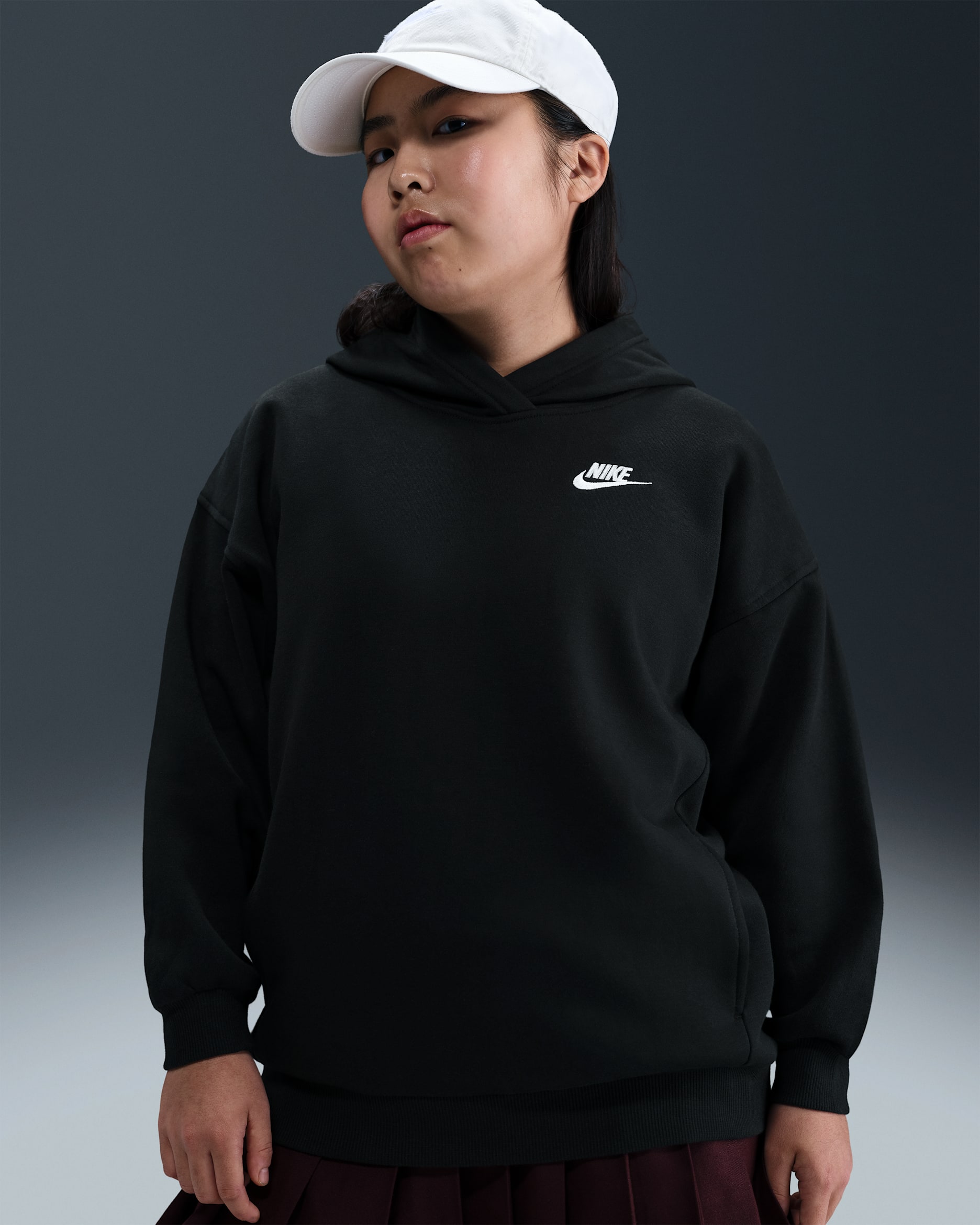Sudadera con gorro oversized para niña talla grande (talla amplia) Nike Sportswear Club Fleece - Negro/Blanco