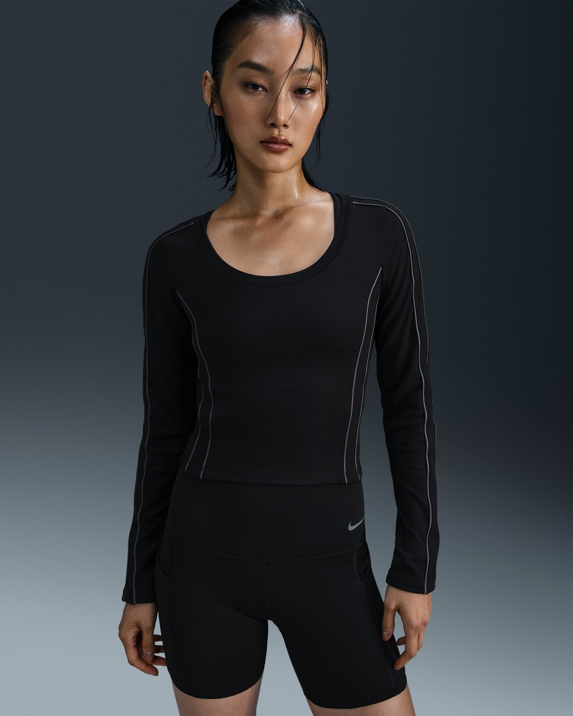 나이키 원 피티드 여성 드라이 핏 긴팔 크롭 탑 - 블랙/아이언 그레이/아이언 그레이/블랙