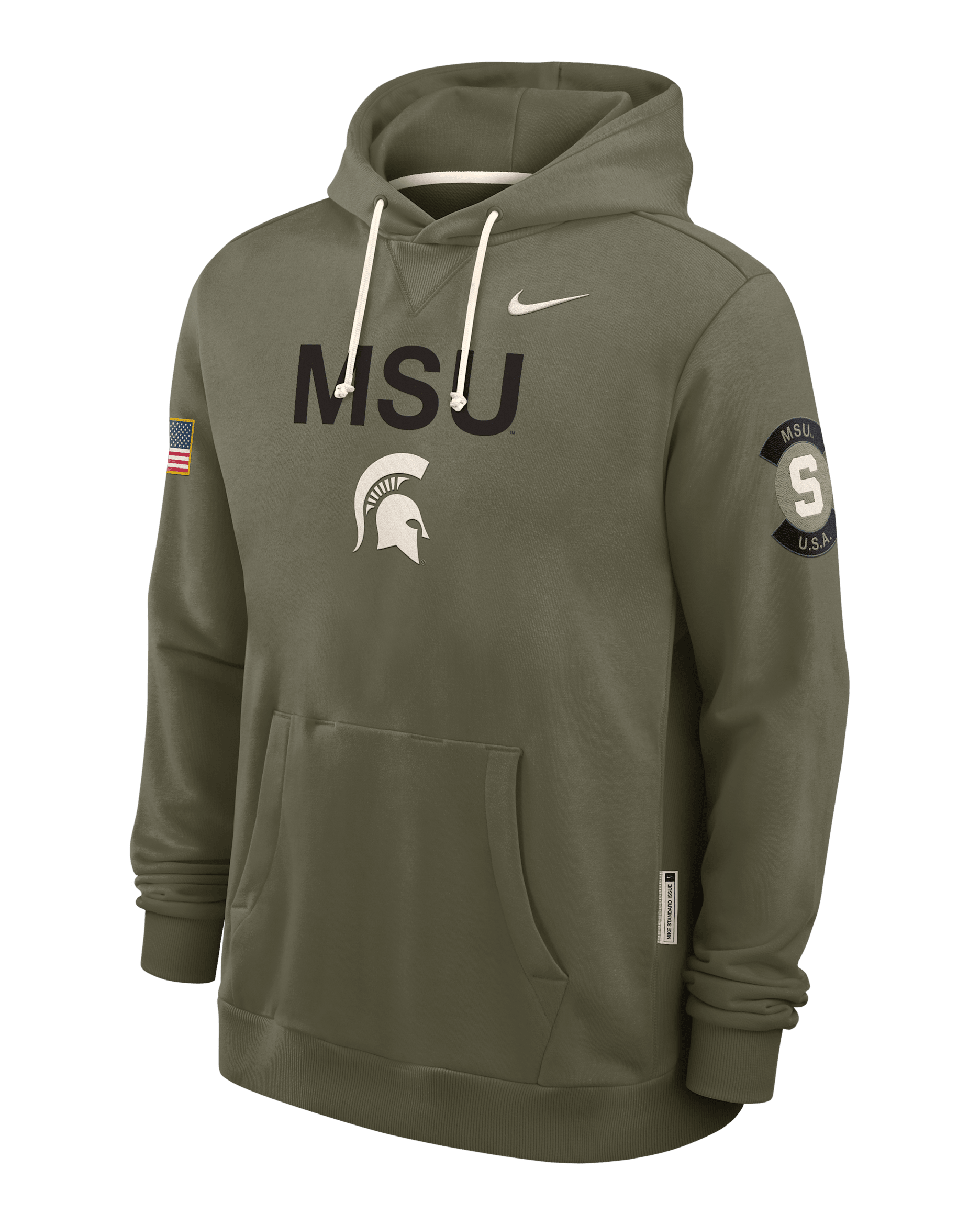 Sudadera con gorro sin cierre universitaria Nike Dri-FIT para hombre Michigan State 2025 Military Appreciation - Oliva