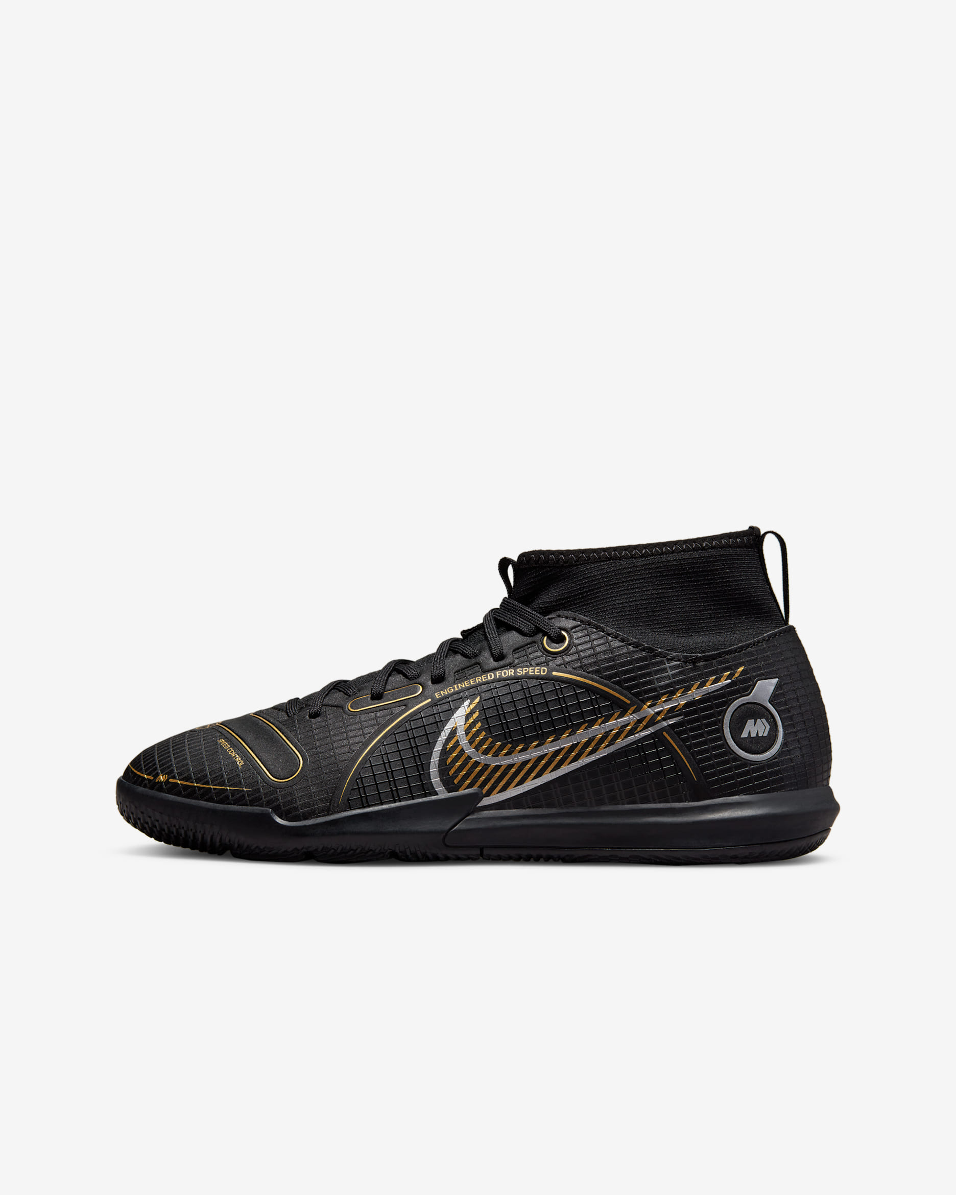 Nike Jr. Mercurial Superfly 8 Academy IC Little/Big Kids' Indoor/Court Soccer Shoes - Black/Metallic Silver/Medium Ash/Metallic Gold
