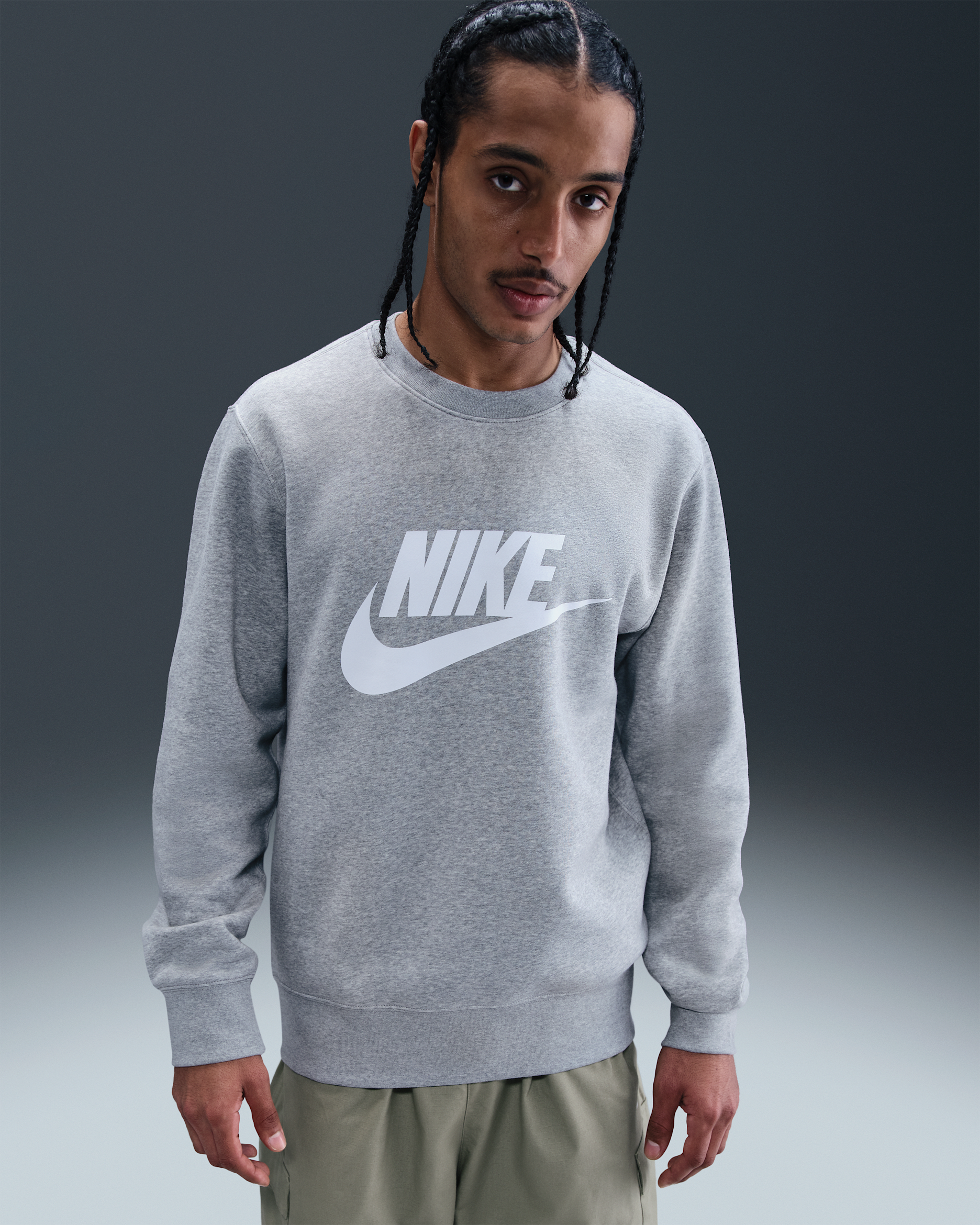 Nike Sportswear Club Men's Graphic Fleece Crew-Neck Sweatshirt - Dark Grey Heather/White