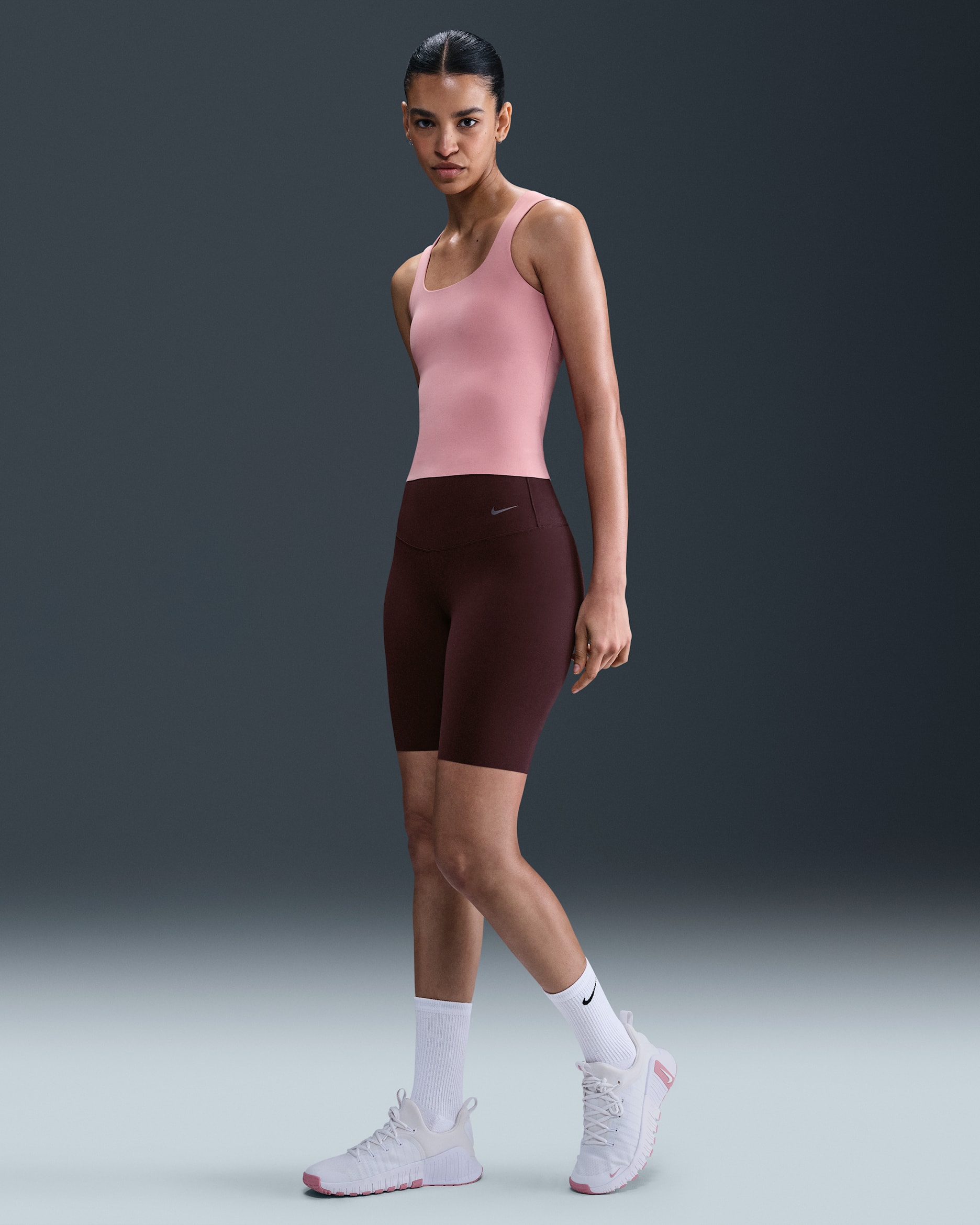 Cykelshorts Nike Zenvy med hög midja 20 cm för kvinnor - Burgundy Crush/Svart