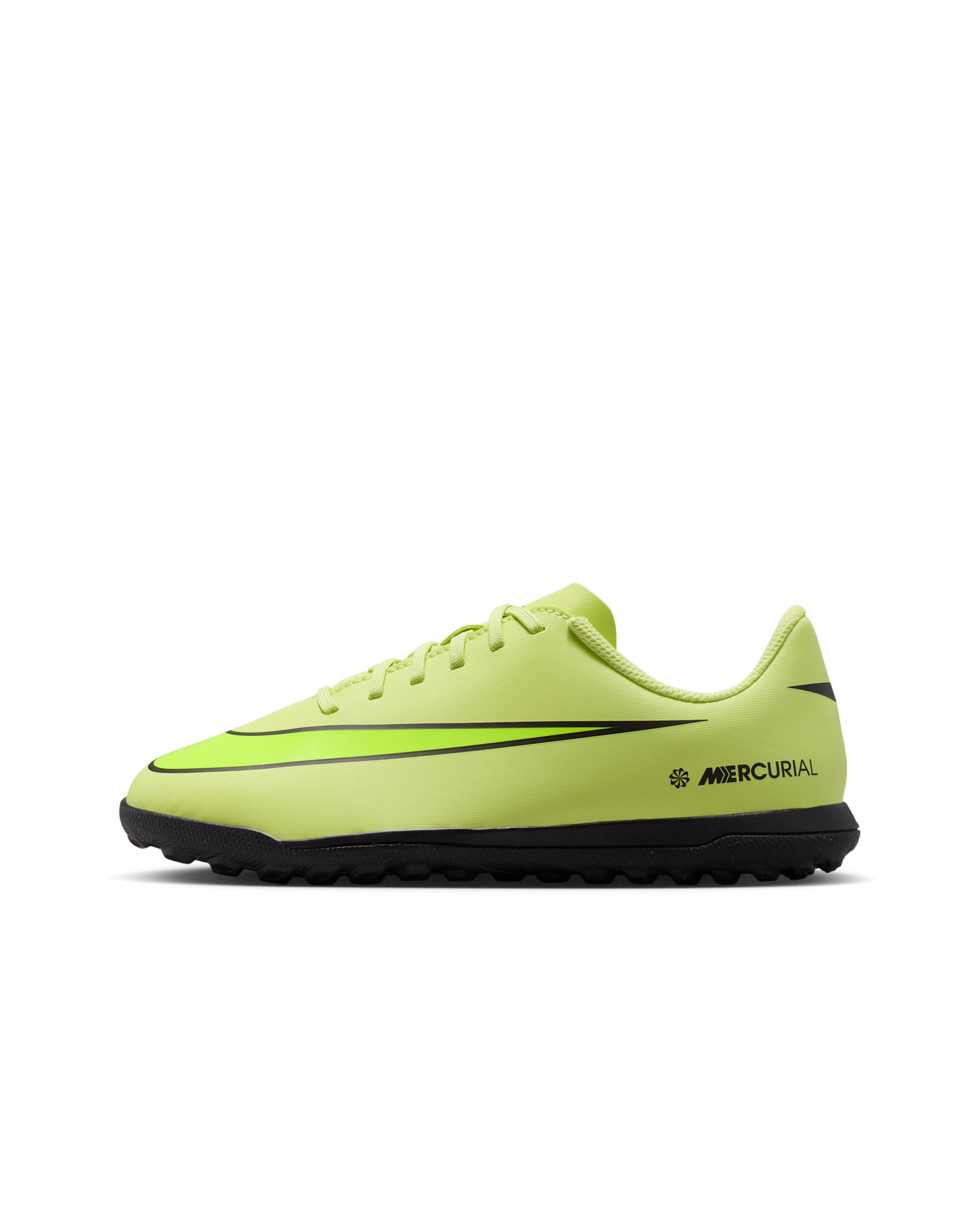Tacos de fútbol para pasto sintético (turf) de corte low para niños de preescolar y grandes Nike Jr. Mercurial Vapor 16 Club - Luz de calcio/Hipercarmesí/Volt