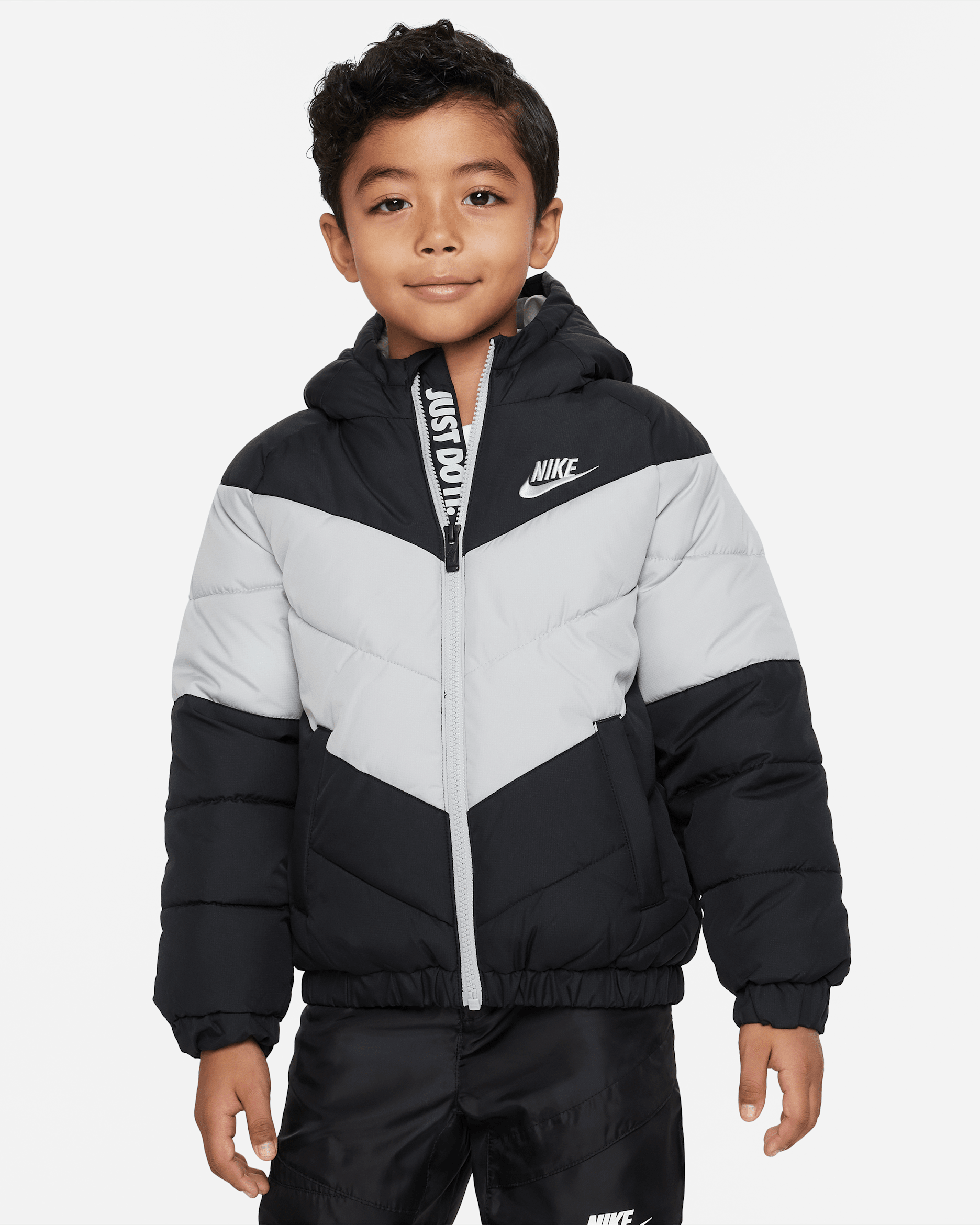 Nike Little Kids' Hooded Chevron Puffer Jacket - Black/Light Smoke Grey