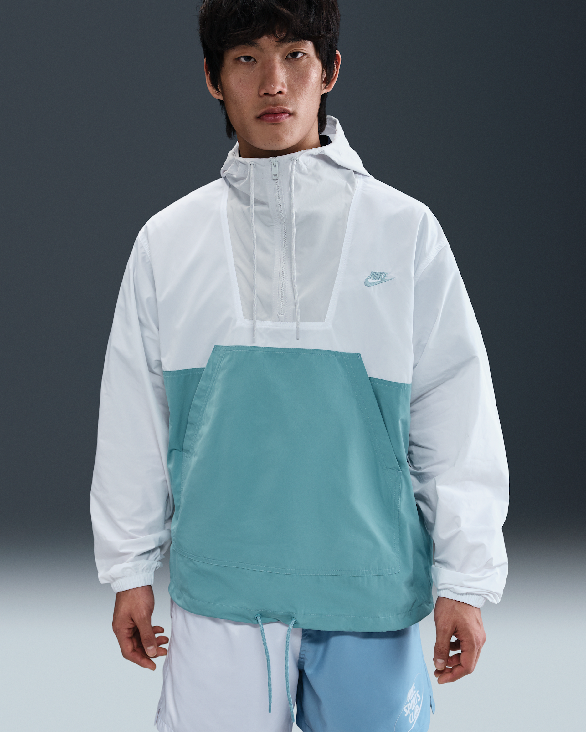 나이키 클럽 남성 마리나 아노락 풀오버 - 화이트/데님 터콰이즈/포톤 더스트/데님 터콰이즈