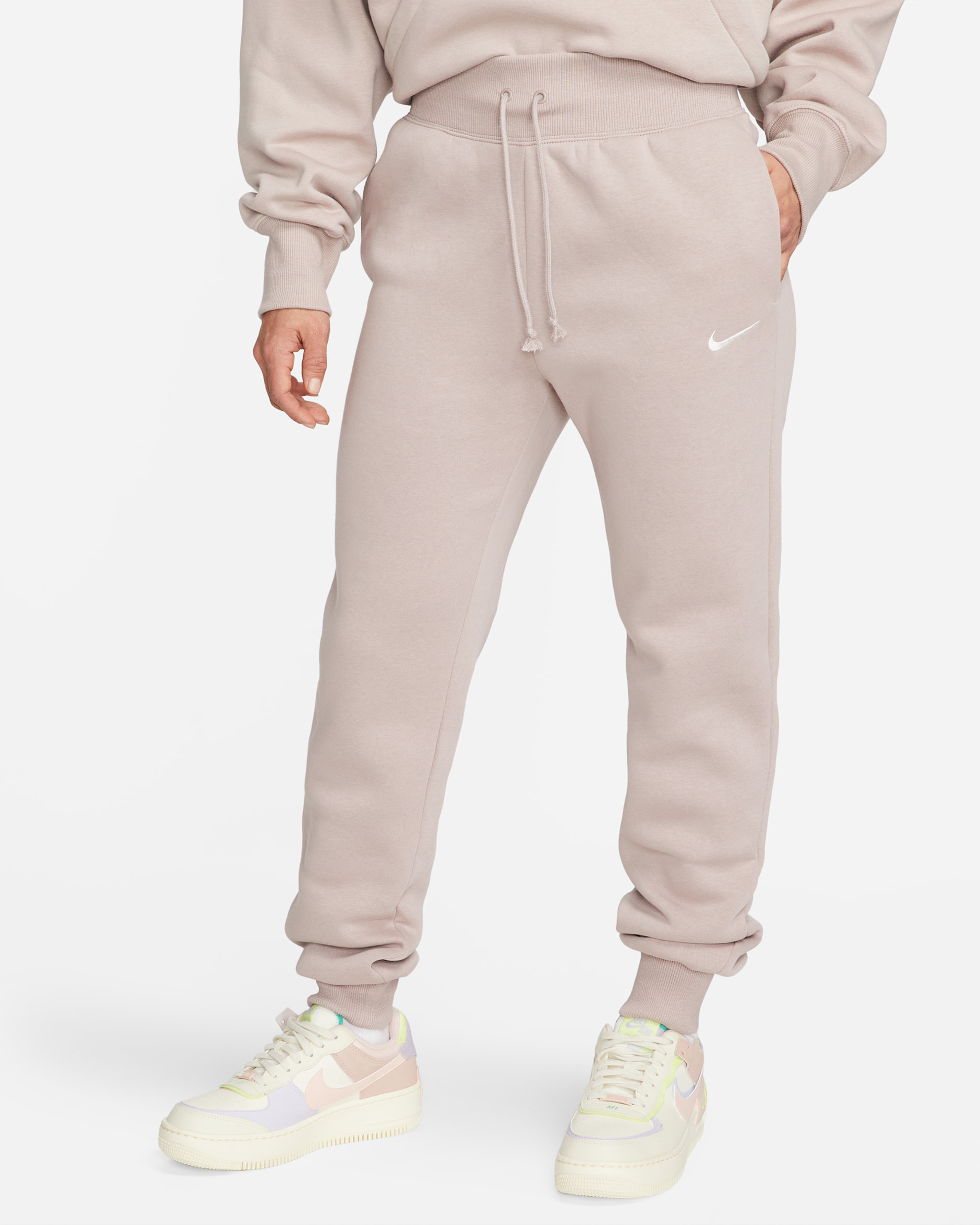 Joggers de tiro alto para mujer Nike Sportswear Phoenix Fleece - Topo difuso/Vela