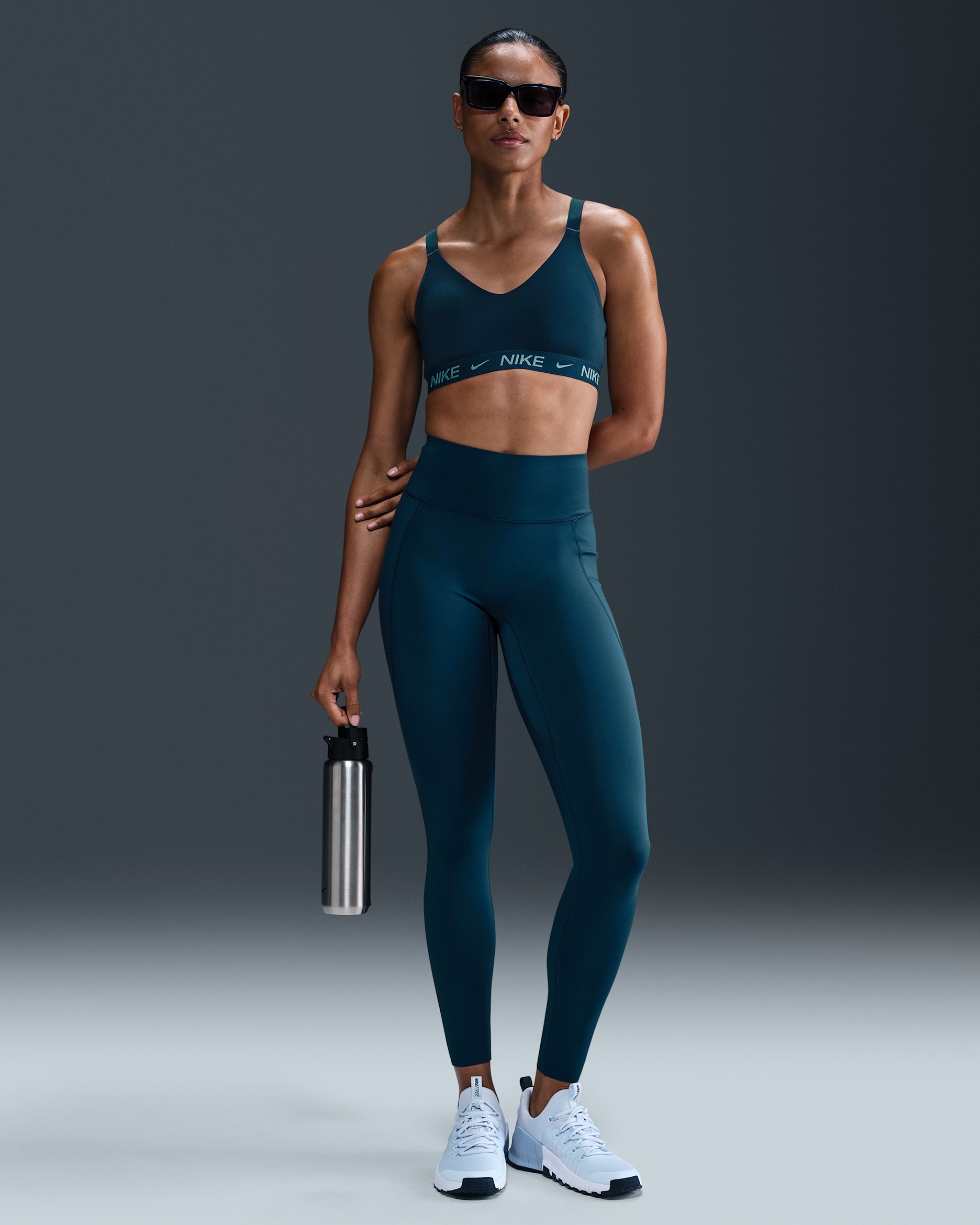 Nike Universa Women's High-Waisted Full-Length Leggings with No Front Seam - Armory Navy/Anthracite/Rift Blue
