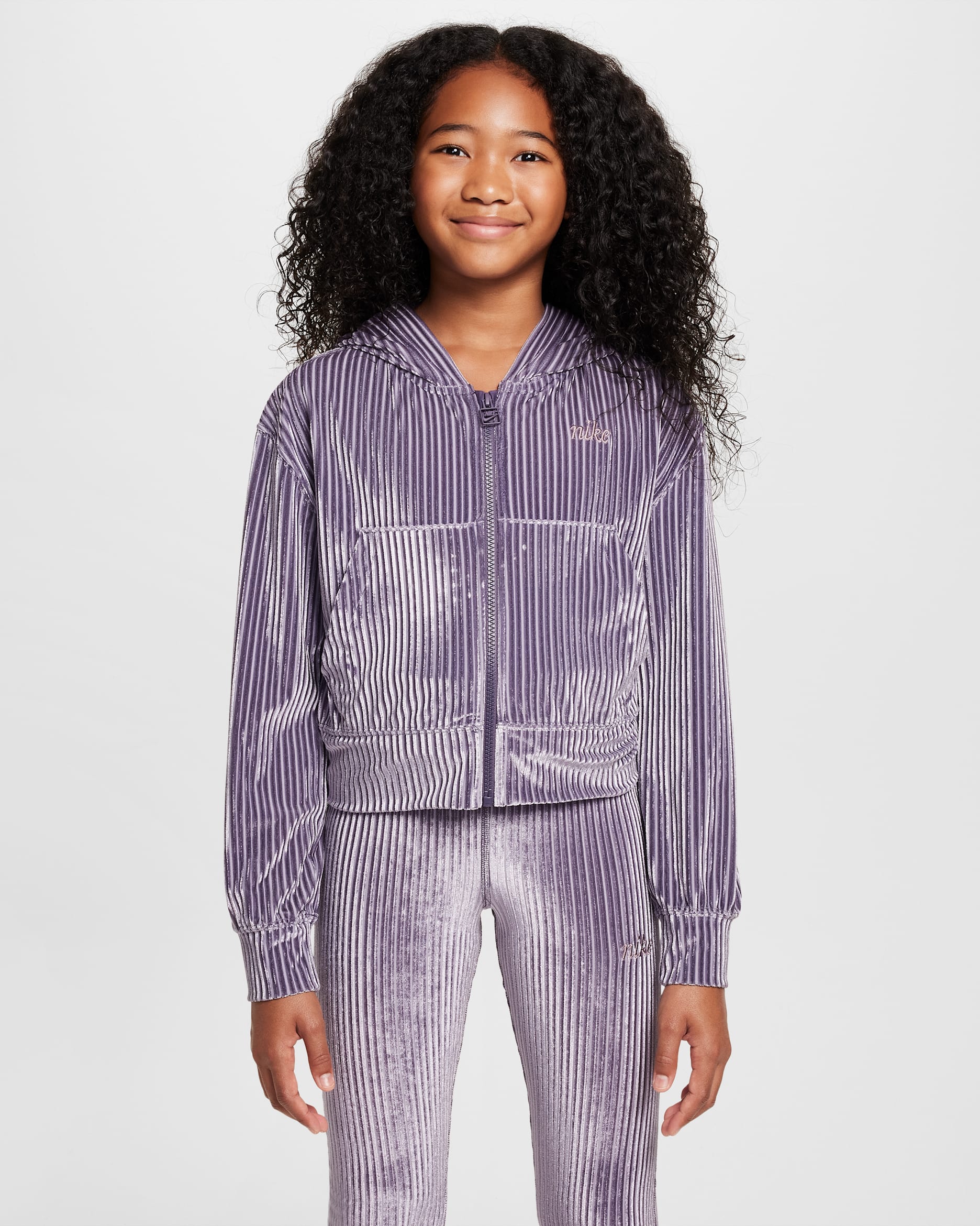 Nike Sportswear Big Kids' (Girls') Full-Zip Ribbed Hoodie - Dark Raisin/Taupe Grey