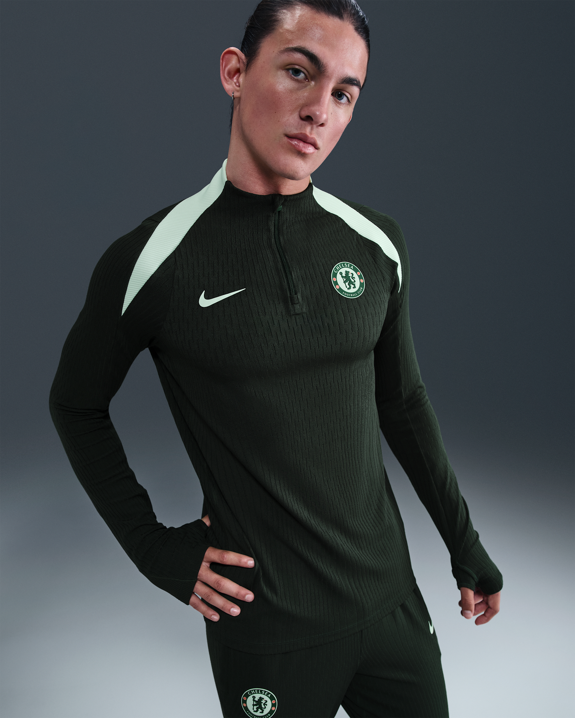Chelsea F.C. Strike Elite Men's Nike Dri-FIT ADV Football Knit Drill Top - Outdoor Green/Phantom/Phantom