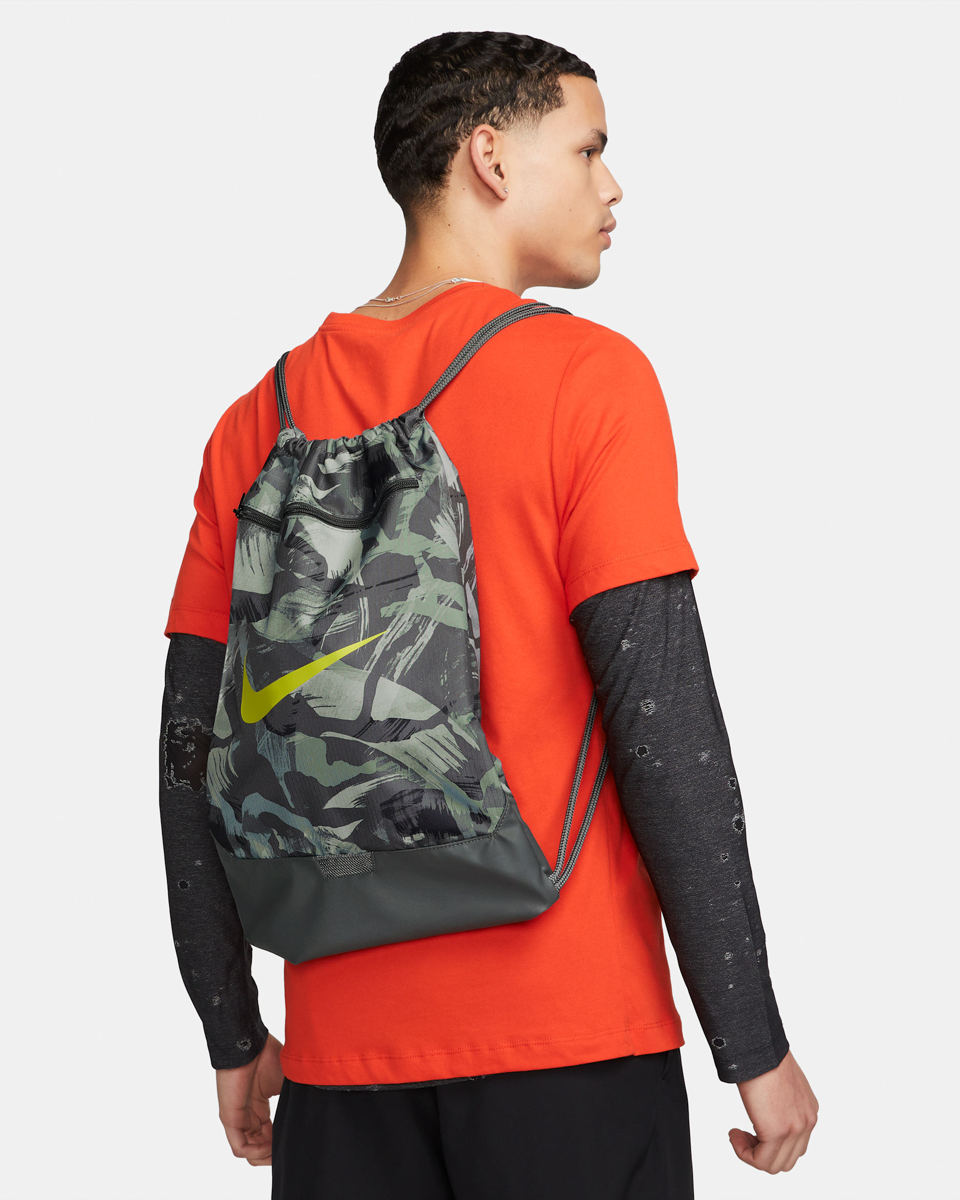 Nike Brasilia Printed Drawstring Bag (18L) - Iron Grey/Iron Grey/Bright Cactus