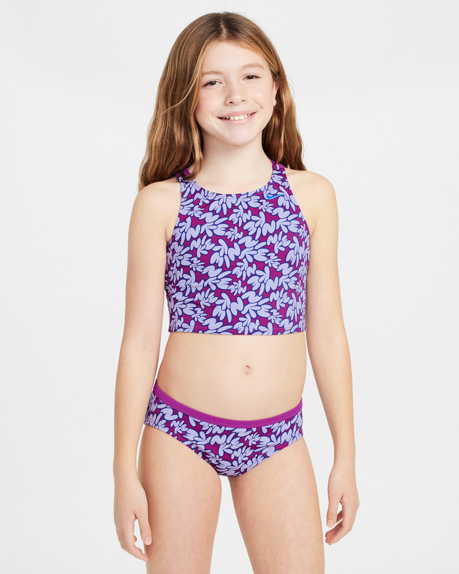 Conjunto de midkini con tirantes cruzados para niña talla grande Nike Swim - Morado vivo/Hortensias/Noche intenso/Azul universitario