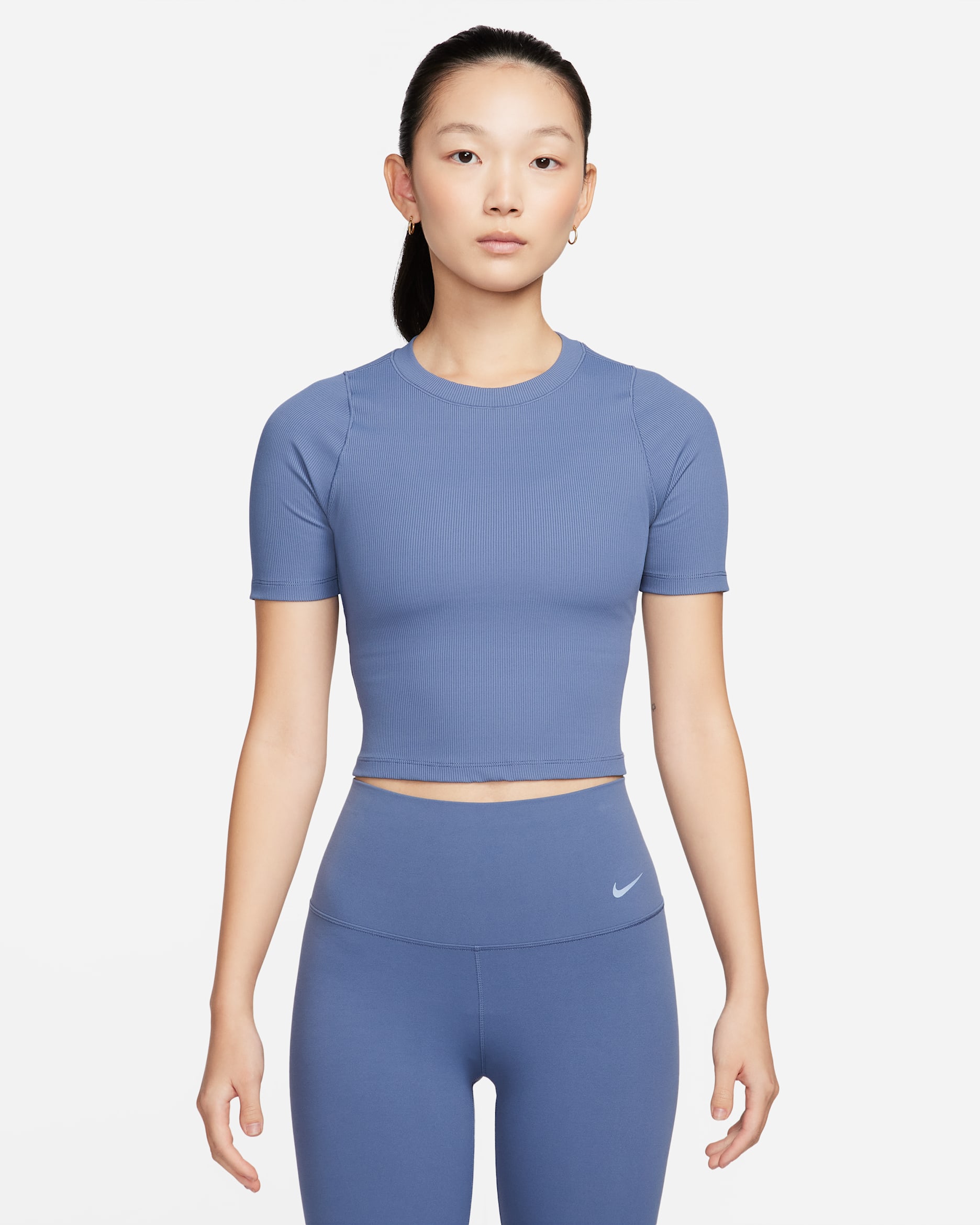 Nike Zenvy 羅紋女款 Dri-FIT 短袖短版上衣 - Diffused Blue/白色