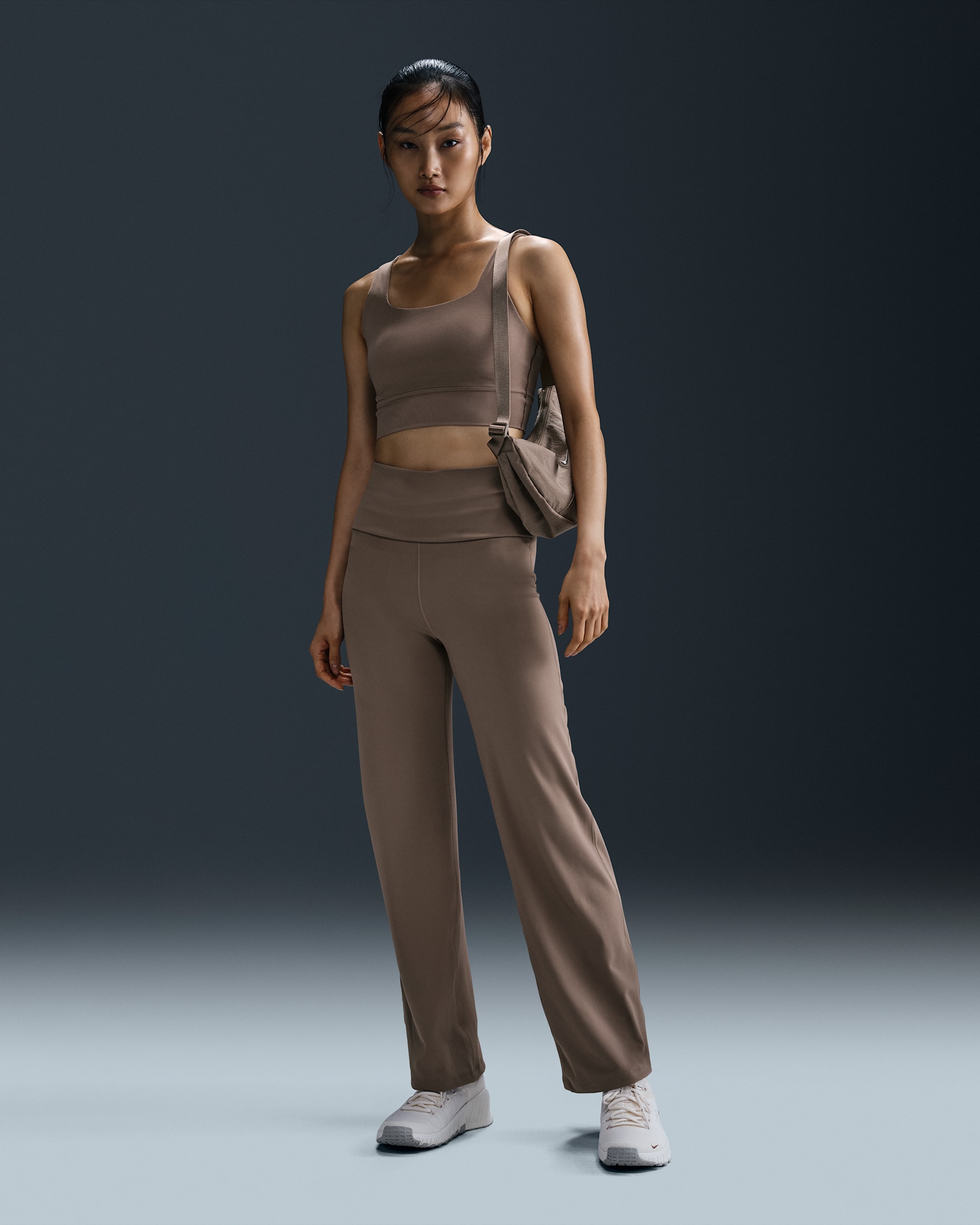 Nike One Women's Dri-FIT High-Waisted Fold-Over Trousers - Mink Brown/Black