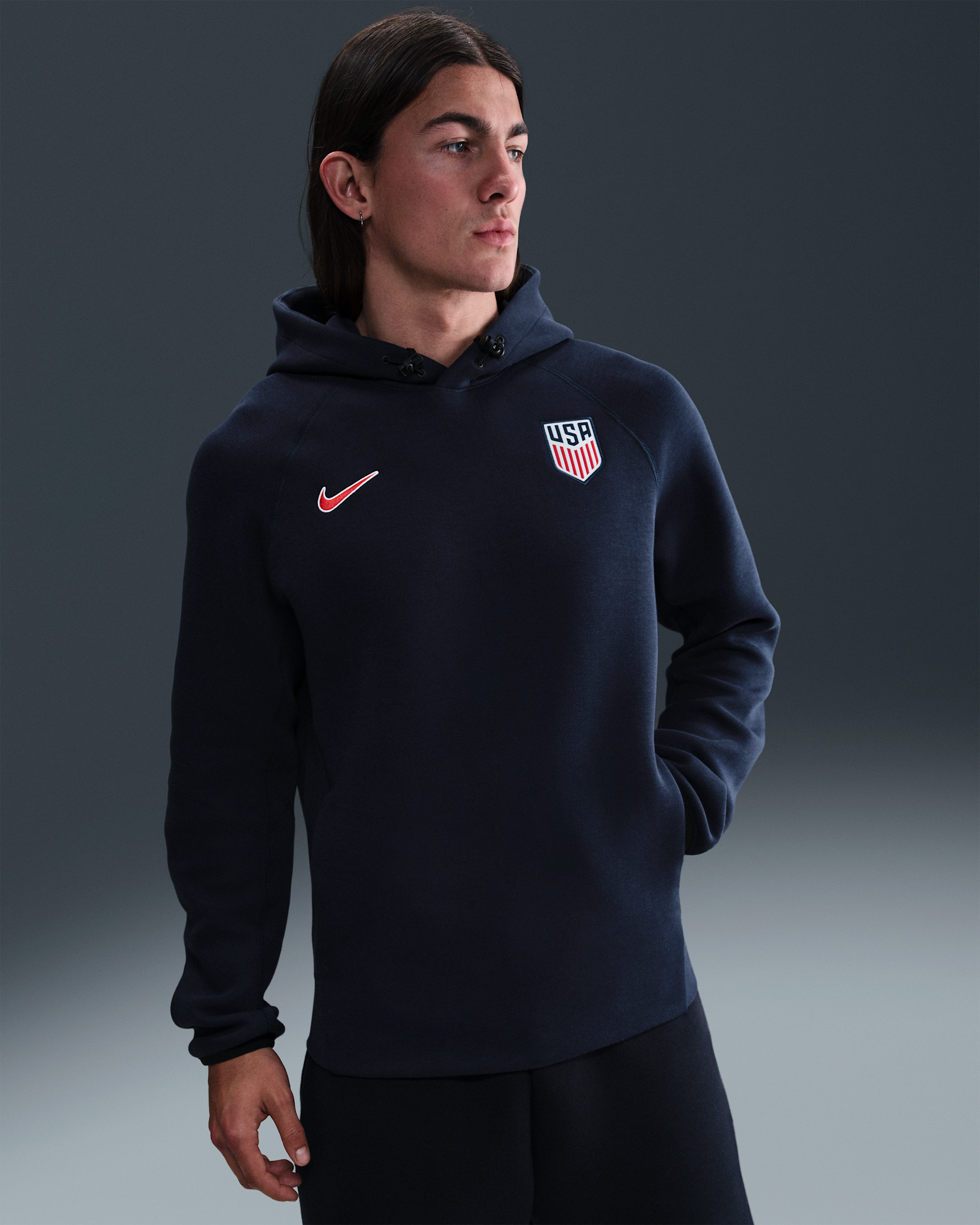 USMNT Tech Men's Nike Soccer Fleece Pullover Hoodie - Obsidian/Challenge Red