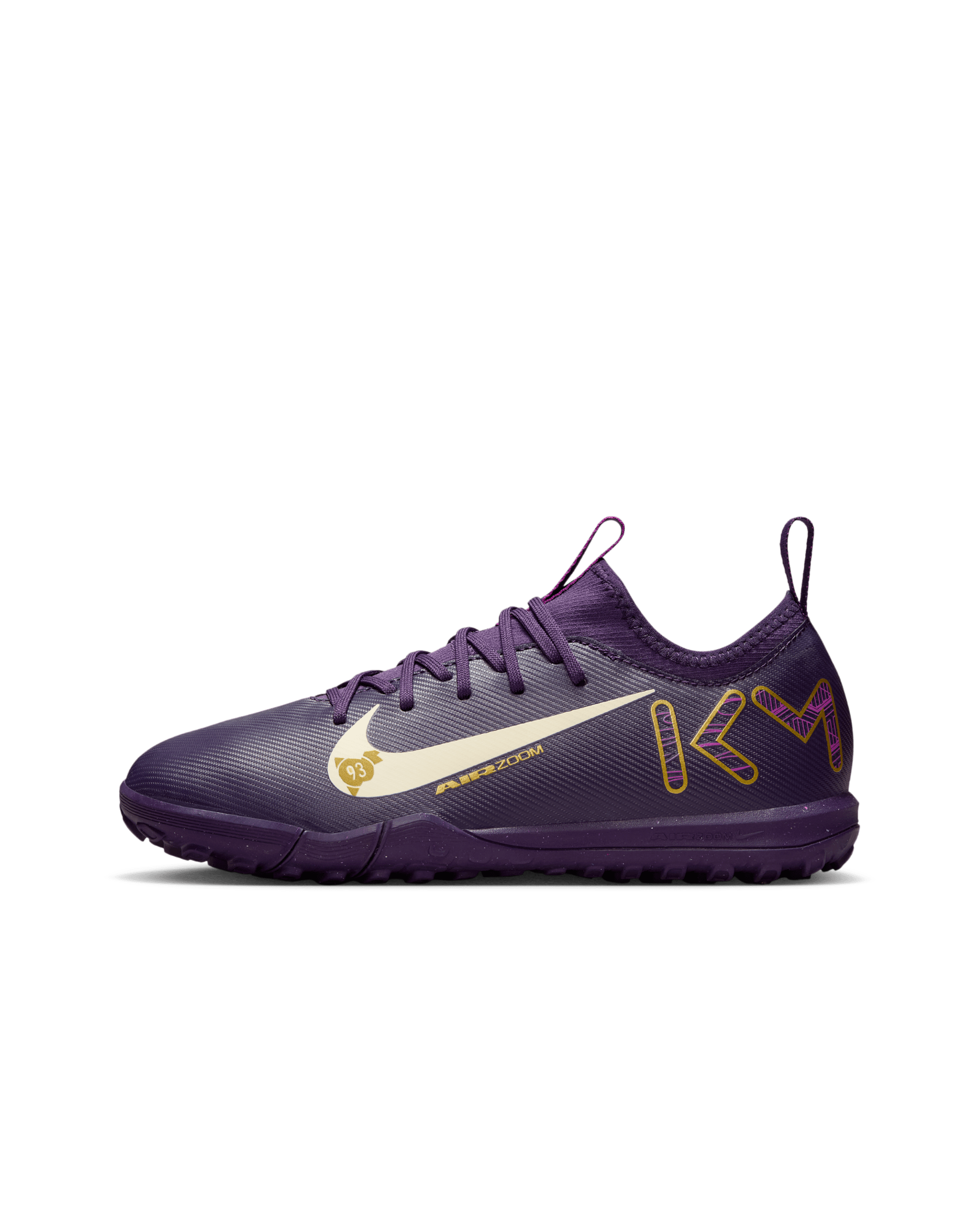 Tacos de fútbol para pasto sintético (turf) de corte low para niños grandes Nike Jr. Mercurial Vapor 16 Academy "Kylian Mbappé" - Morado grandioso/Marfil pálido