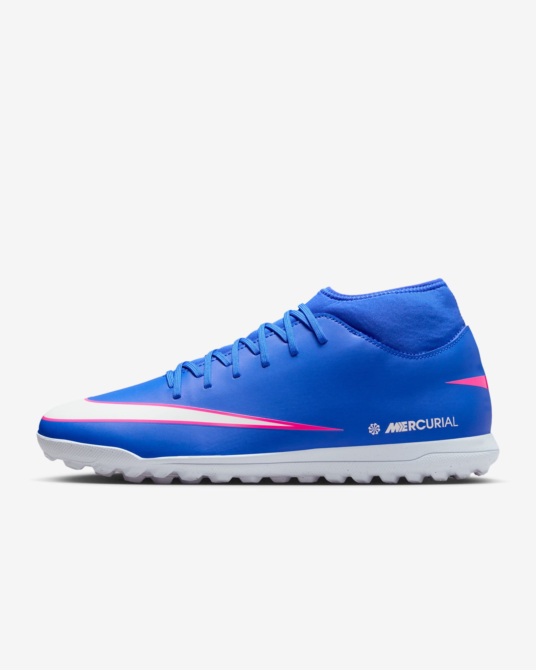 Tacos de fútbol para pasto sintético (turf) de corte high Nike Mercurial Superfly 10 Club - Azul carrera/Blanco