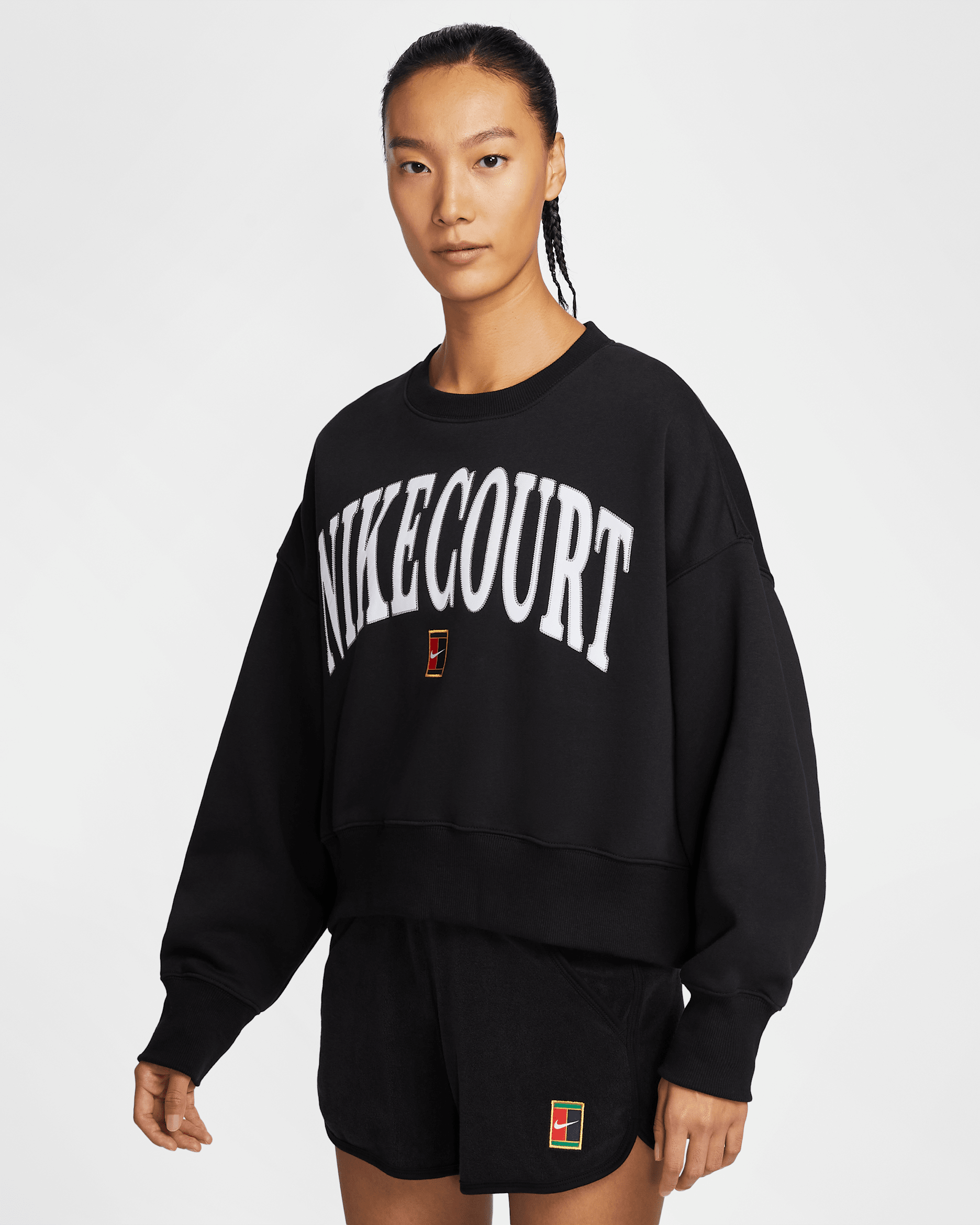 NikeCourt Phoenix Fleece Women's Over-Oversized Crew-Neck Tennis Sweatshirt - Black/Black/Flat Pewter/White