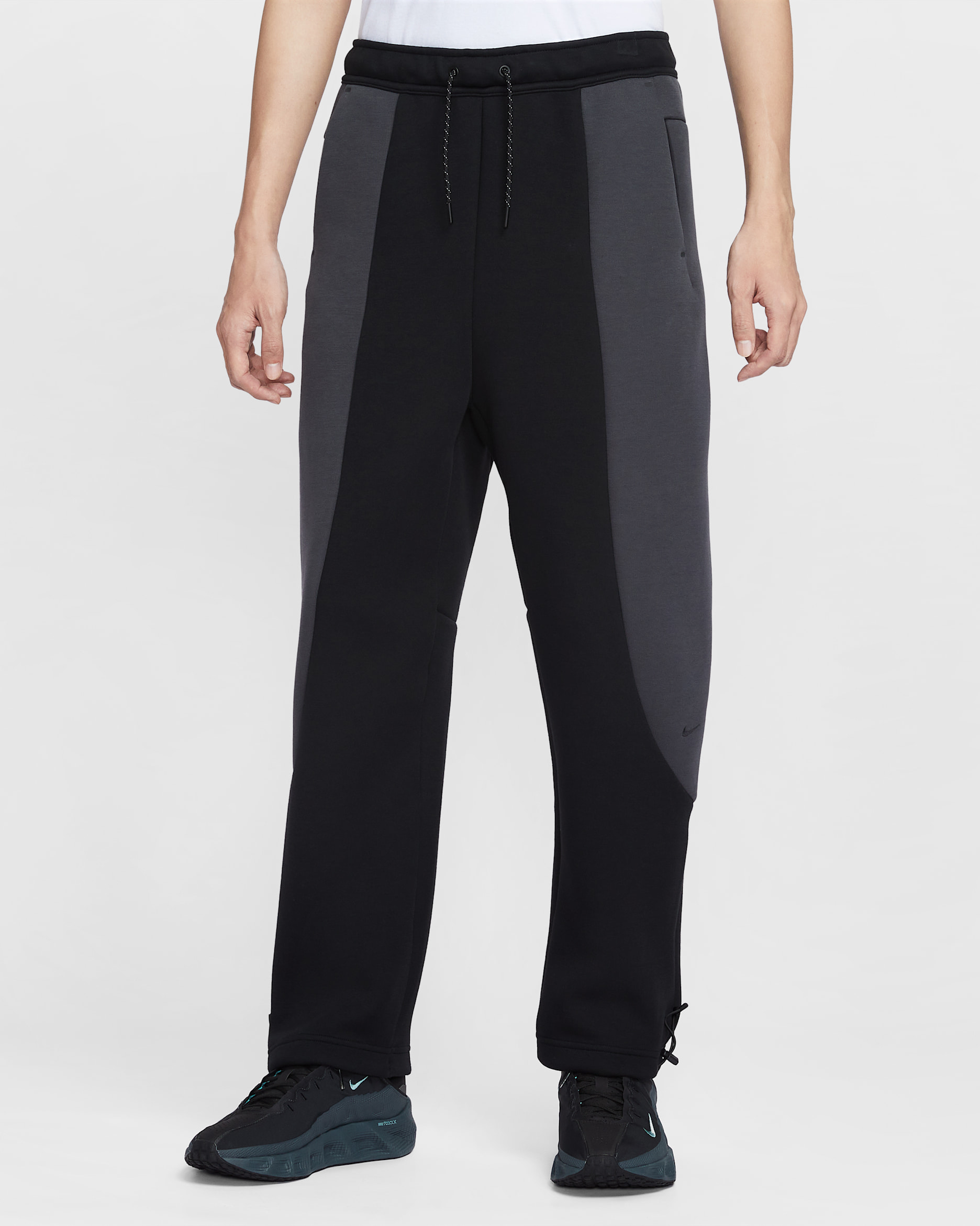 나이키 테크 남성 컬러 블록 오픈 헴 플리스 팬츠 - 블랙/앤트러사이트/블랙