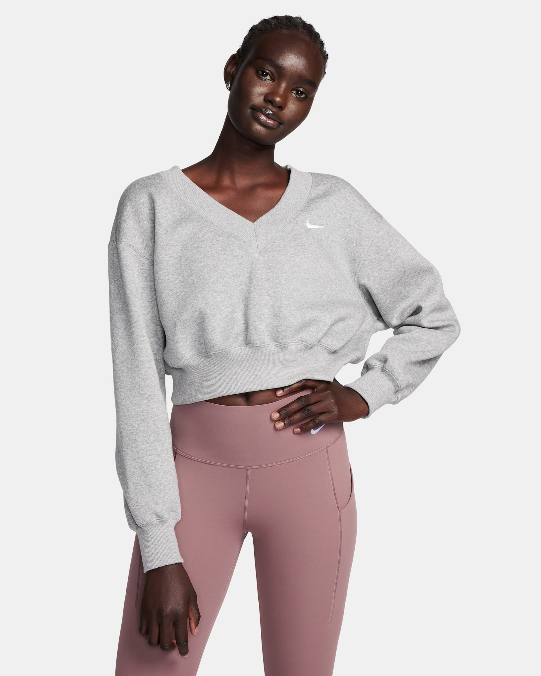 Sudadera cropped de cuello en V para mujer Nike Sportswear Phoenix Fleece - Gris oscuro jaspeado/Vela