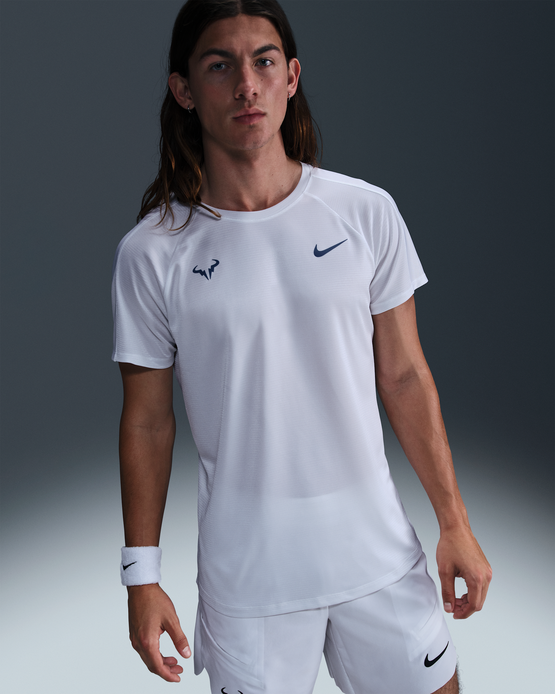 Playera de tenis de manga corta Nike Dri-FIT para hombre Rafa Challenger - Blanco/Azul difuso