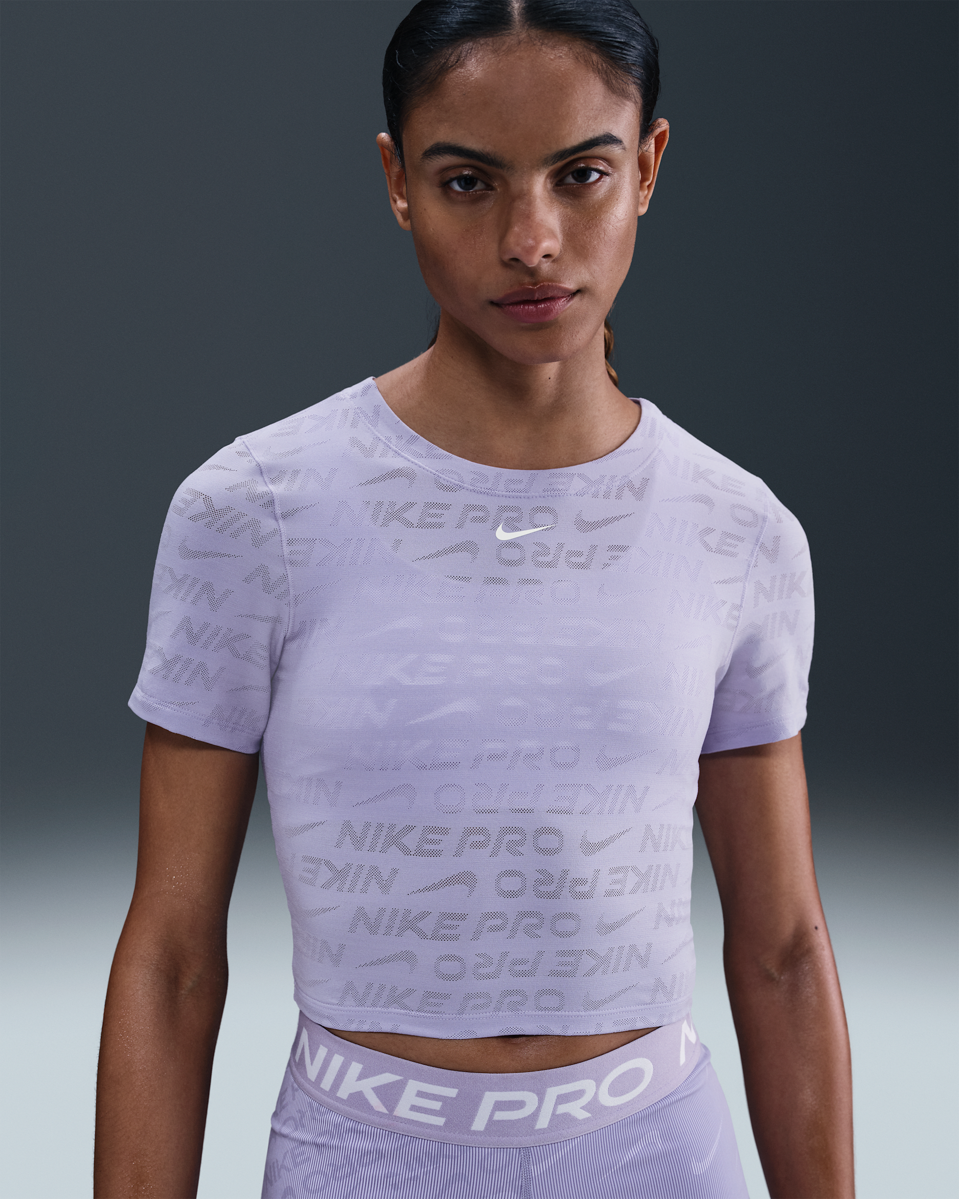 Nike Pro Women's Dri-FIT Short-Sleeve Cropped Jacquard Top - Lilac Ice/White