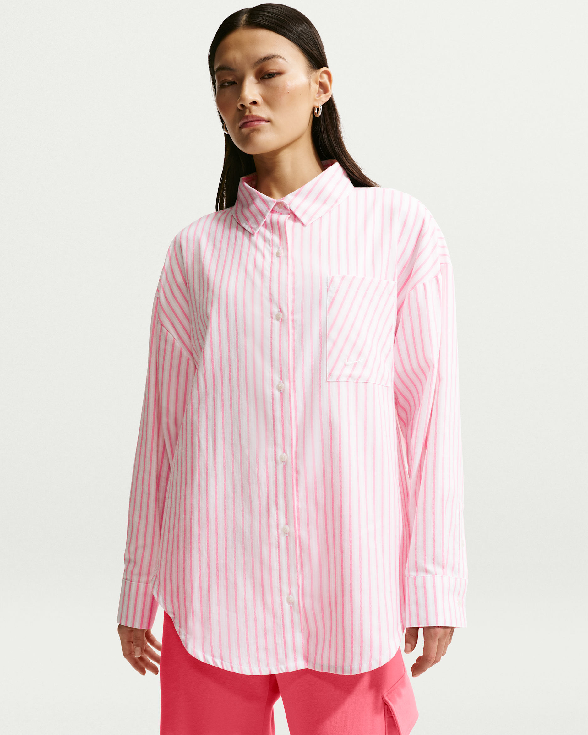 Nike Sportswear Chill Poplin Women's Oversized Woven Long-Sleeve Striped Top - Sea Coral/Light Bone/Summit White