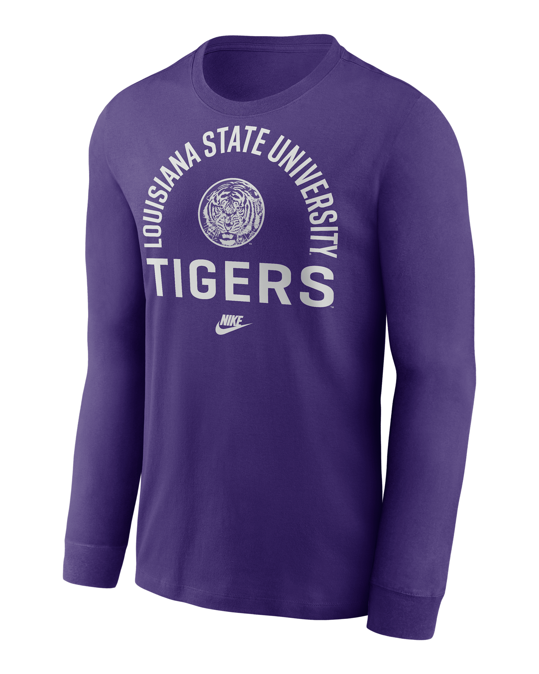 Playera de manga larga universitaria Nike para hombre LSU Legacy Arched Logo - Morado