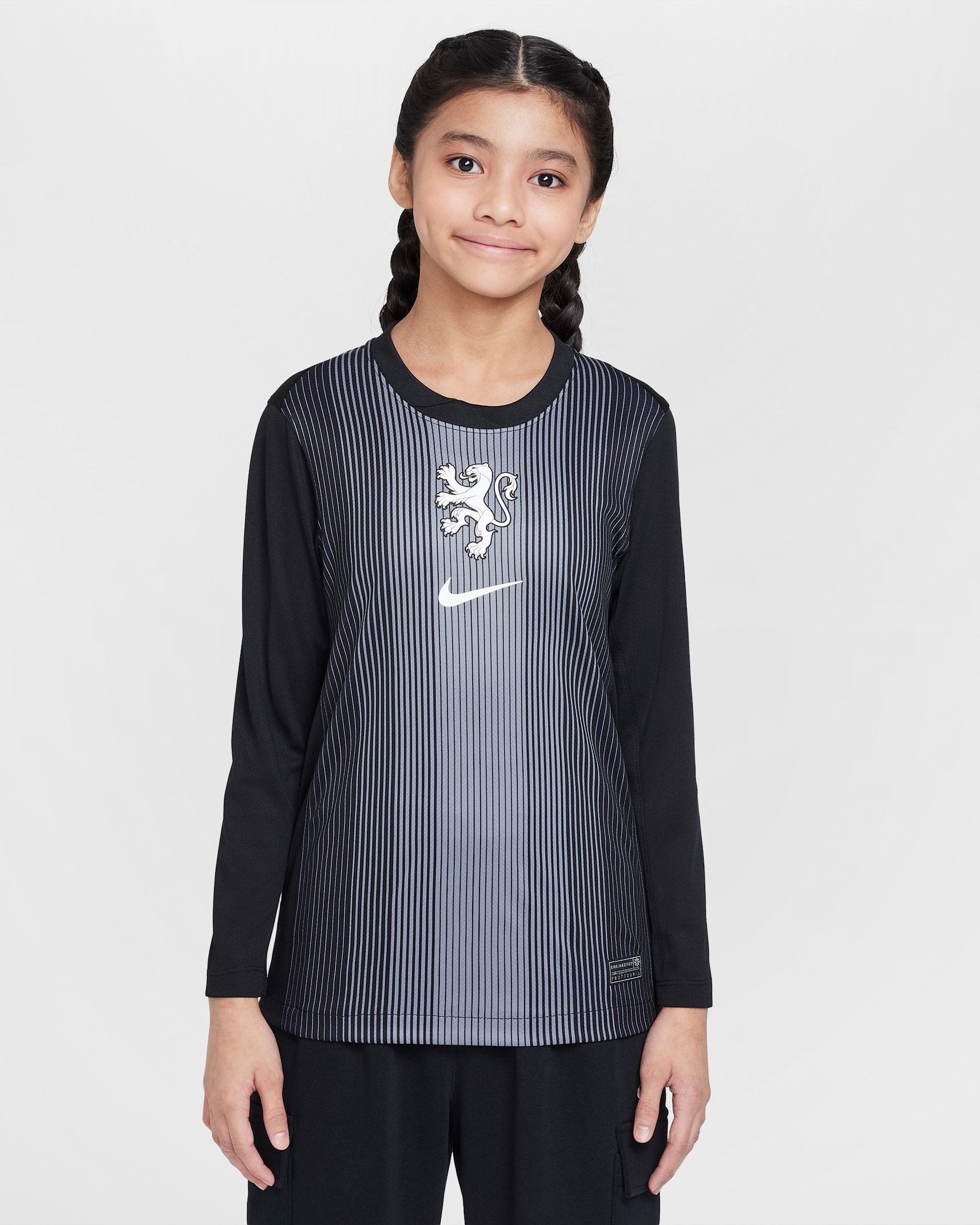 Niederlande 2025/26 Stadium Goalkeeper Nike Replika-Longsleeve-Fußballtrikot mit Dri-FIT-Technologie (ältere Kinder) - Schwarz/Smoke Grey/Weiß
