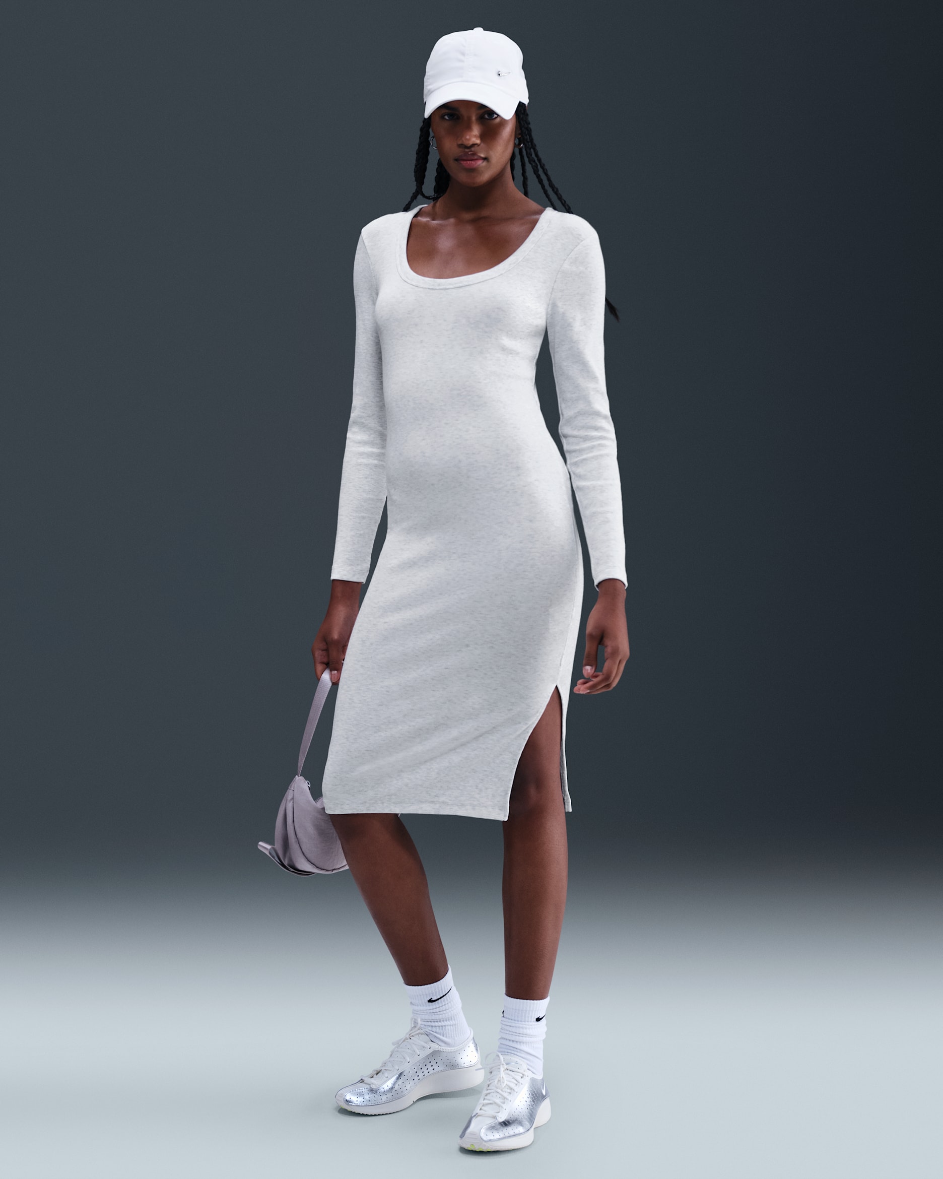 Nike Sportswear Chill Knit Women's Tight Long-Sleeve Midi Mini-Rib Dress - Birch Heather/Light Orewood Brown