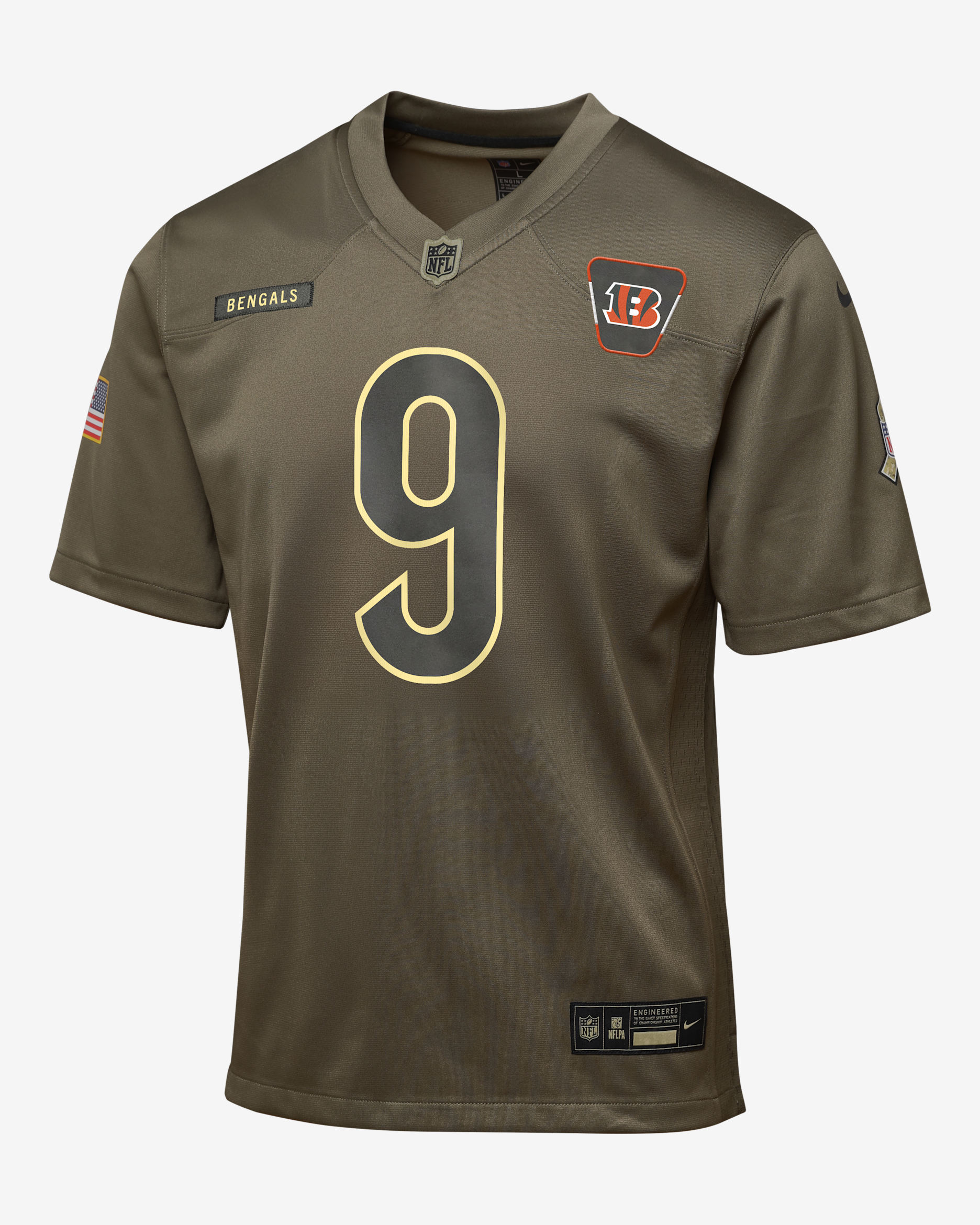 Jersey para niños talla grande Nike de la NFL Game de Joe Burrow de los Cincinnati Bengals Salute to Service - Oliva