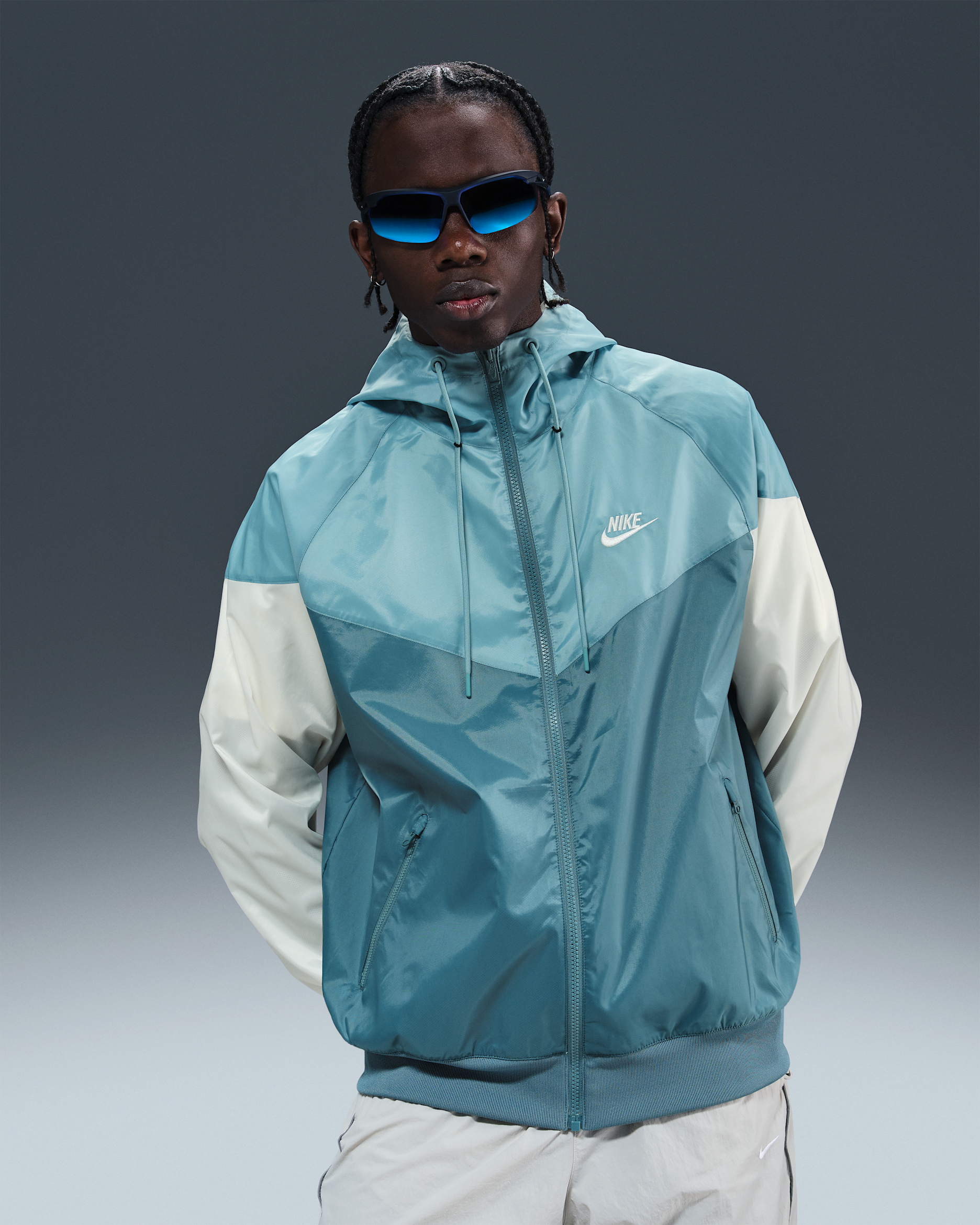 Chamarra con gorro para hombre Nike Sportswear Windrunner - Azul humeante/Denim turquesa/Vela/Vela