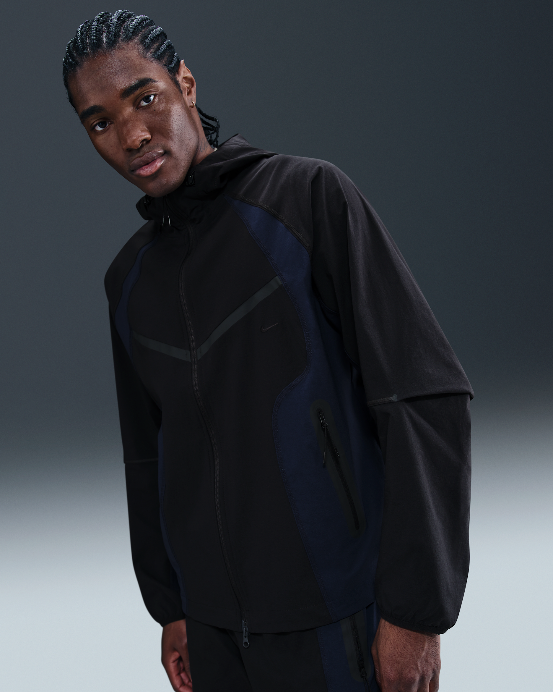 Nike Tech Men's Dri-FIT Woven Color-Block Windrunner Loose Jacket - Black/Obsidian/Black