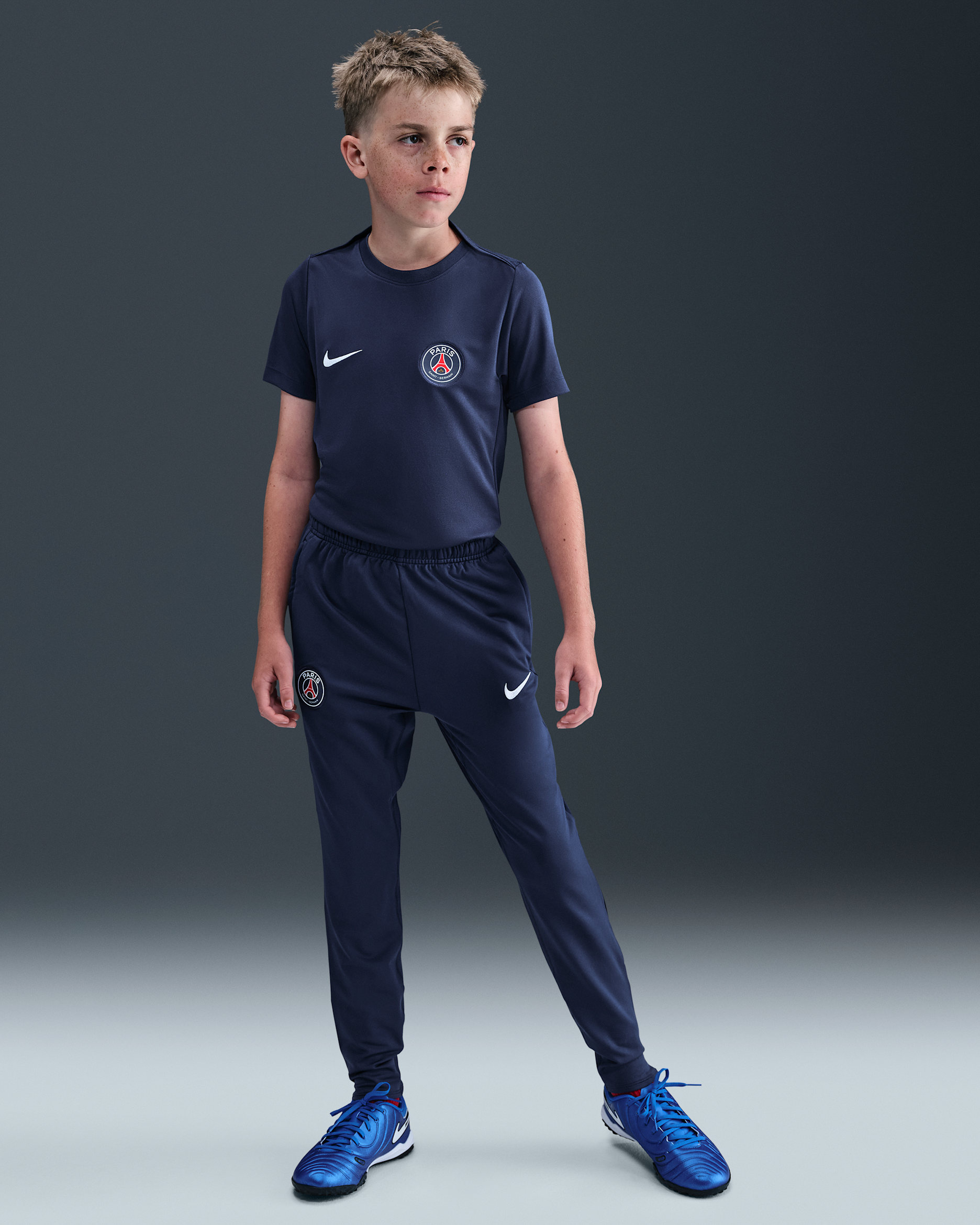 Fotbollsbyxor Paris Saint-Germain Strike Nike Dri-FIT i stickat material för ungdom - Midnight Navy/Hyper Royal/Vit