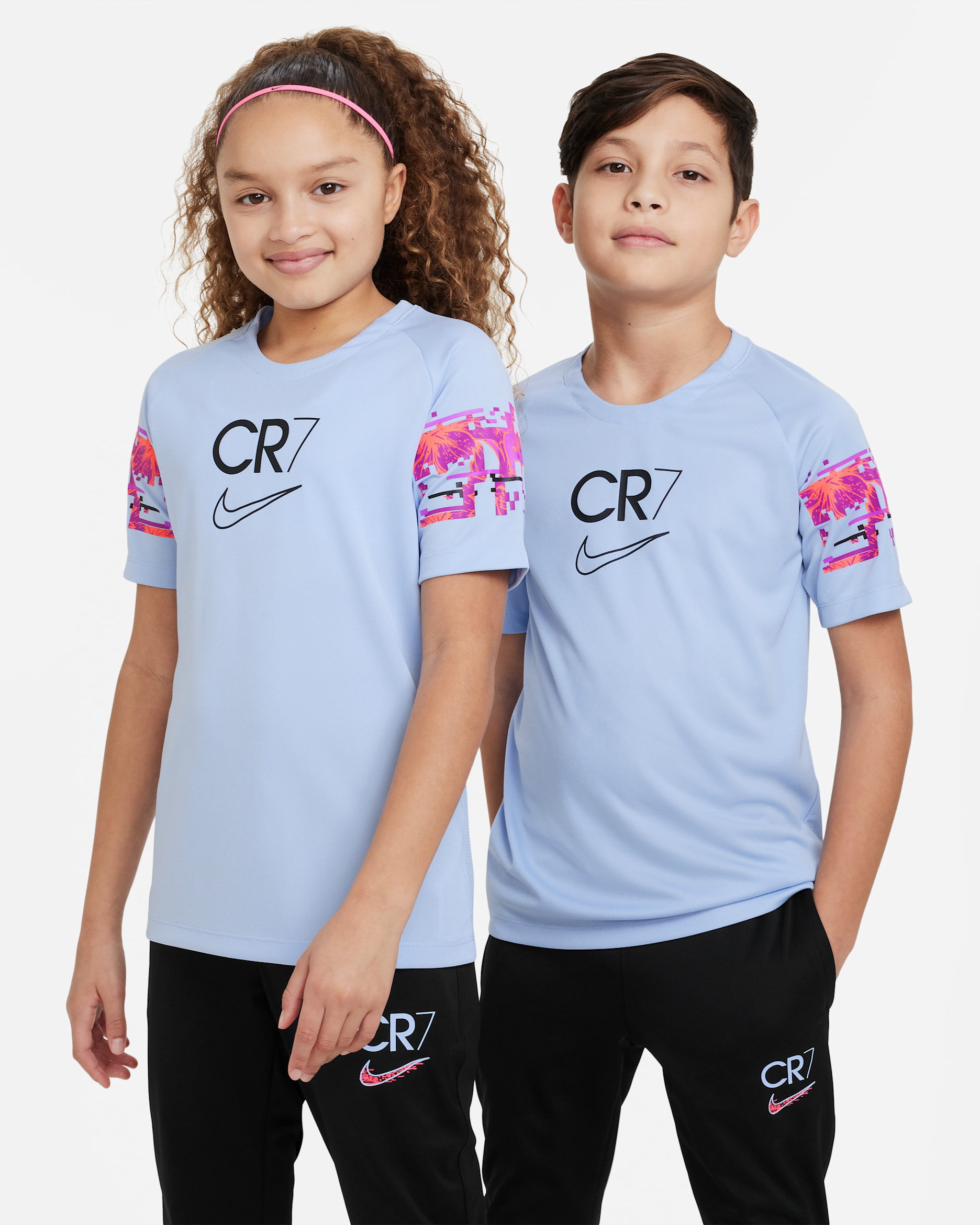 Playera de fútbol de manga corta para niños talla grande CR7 - Cobalto felicidad/Negro