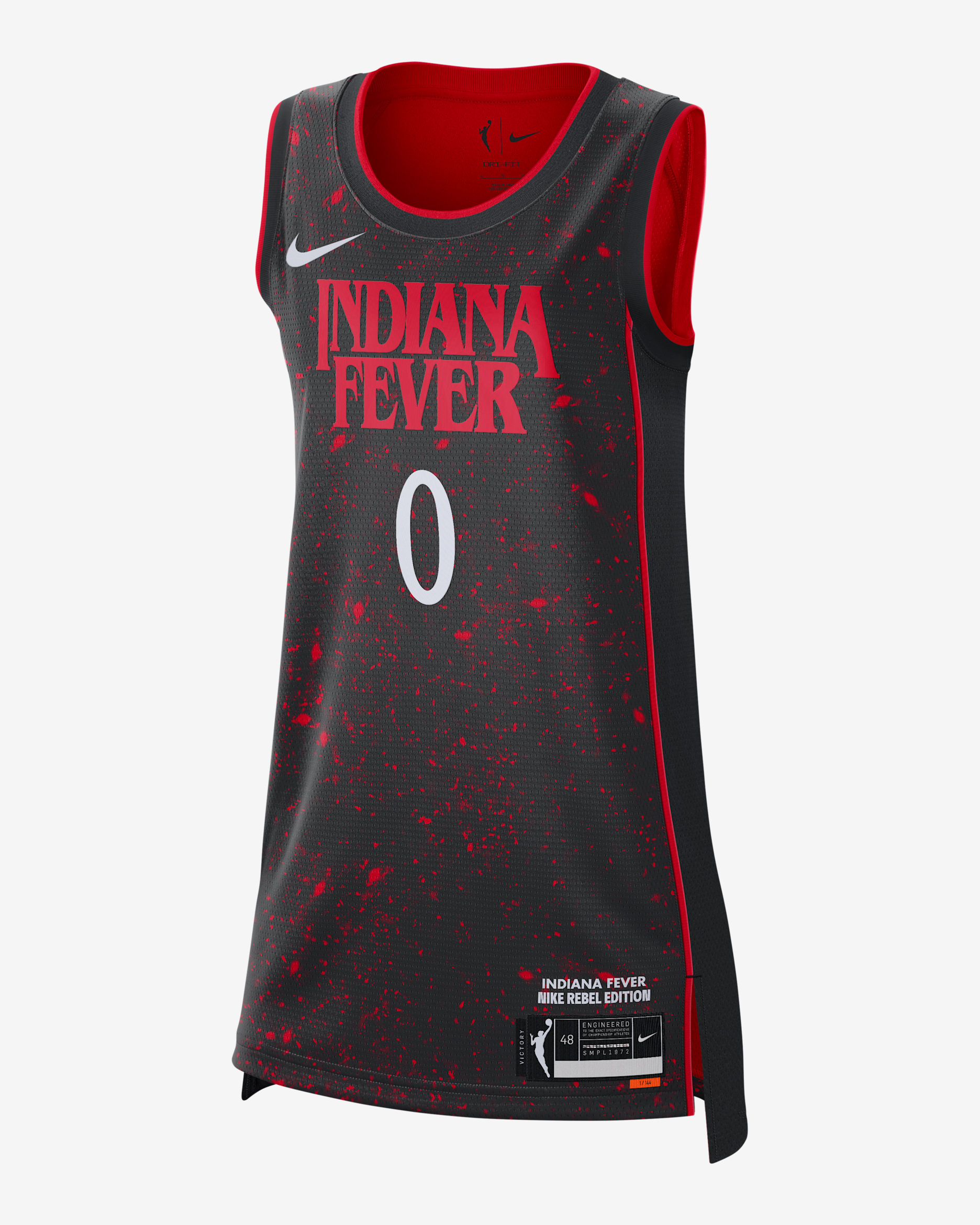 Jersey Nike Dri-FIT de la WNBA Victory para mujer Kelsey Mitchell Indiana Fever x Stranger Things 2025 Rebel Edition - Negro/Rojo universitario