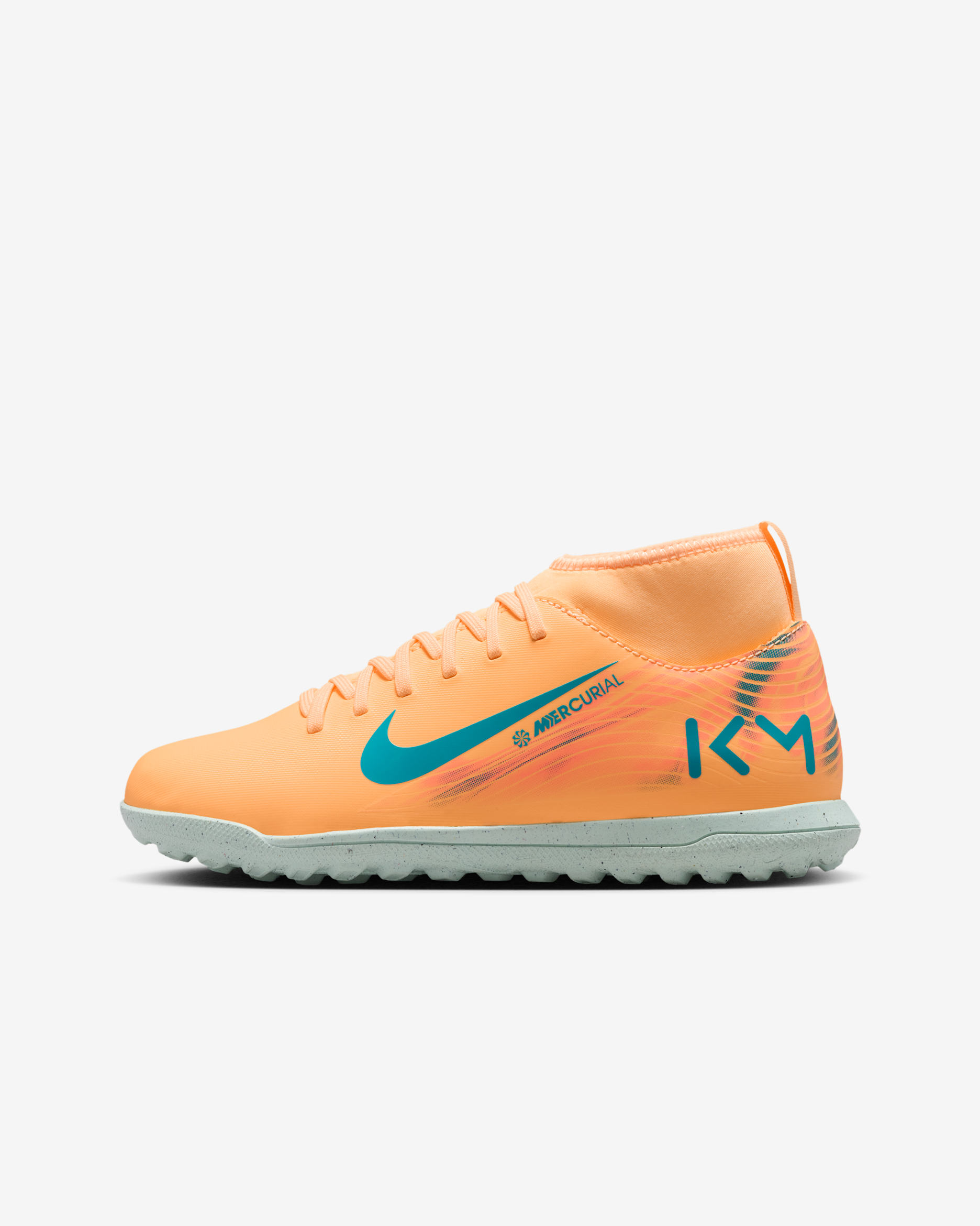 Nike Jr. Mercurial Superfly 10 Club 'Kylian Mbappé' high-top voetbalschoenen voor kids (turf) - Melon Tint/Igloo/Neo Turquoise