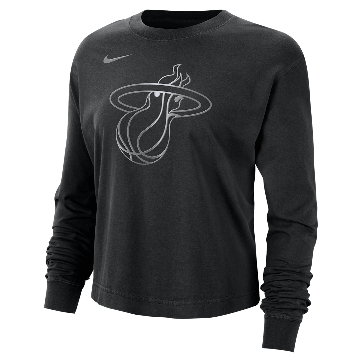 Miami Heat Courtside Miami Heat Courtside Playera de manga larga Nike de la NBA con brillo de corte cuadrado para mujer