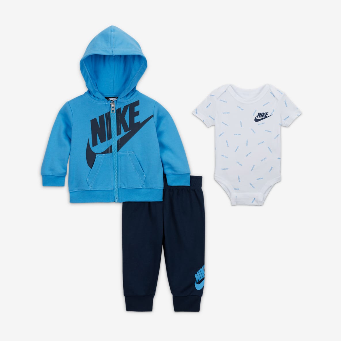 Nike Ensemble trois pièces Toss « Just Do It » pour bébé : sweat à capuche à zip, body et pantalon