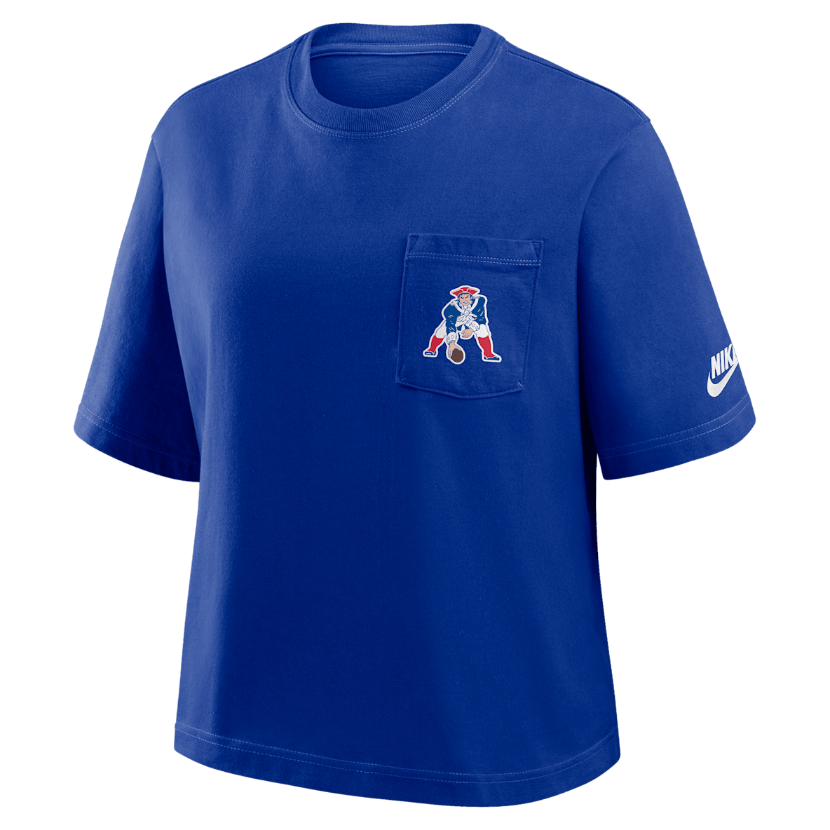 New England Patriots Rewind Pocket Boxy Playera Nike de la NFL para mujer
