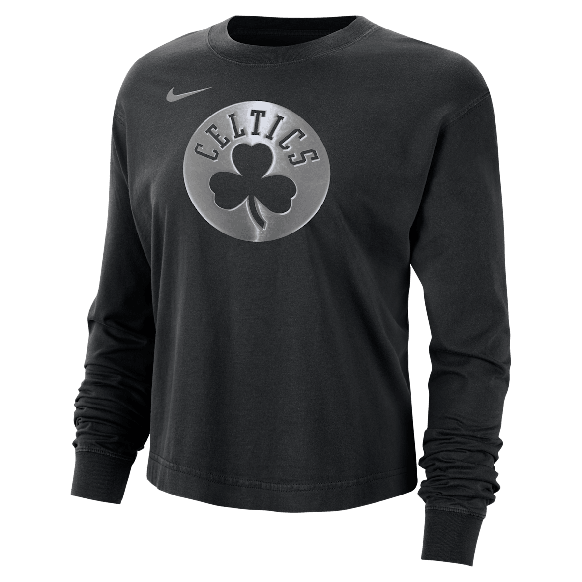 Boston Celtics Courtside Boston Celtics Courtside Playera de manga larga Nike de la NBA con brillo de corte cuadrado para mujer