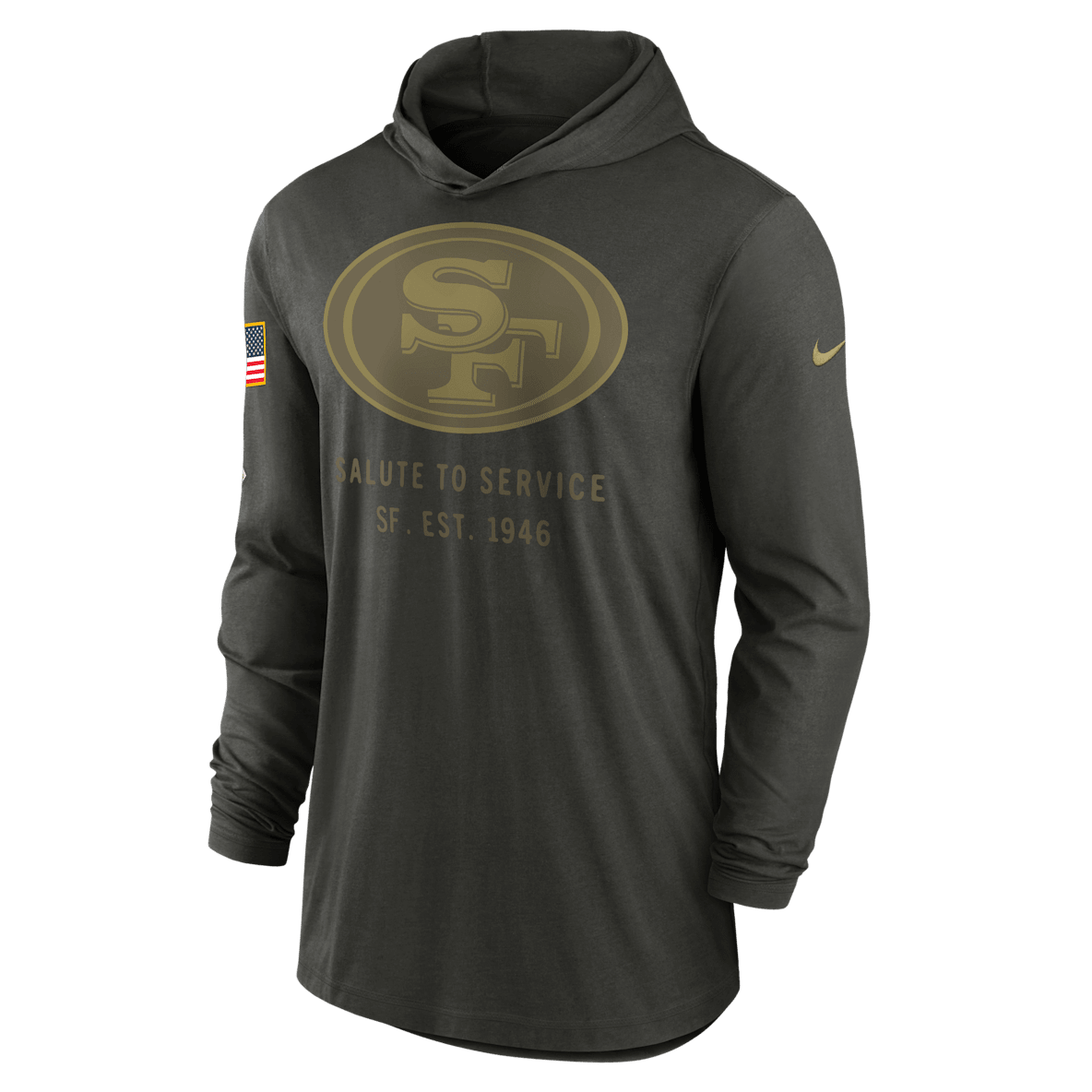 San Francisco 49ers Salute to Service Sideline San Francisco 49ers Salute to Service Sideline Men’s Nike Dri-FIT NFL Long-Sleeve Hooded Top