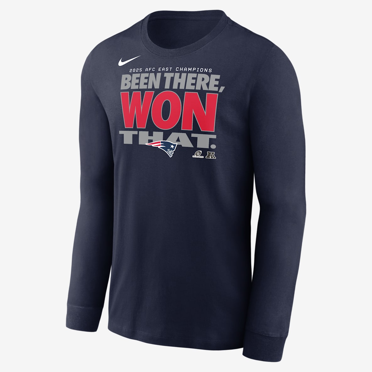 New England Patriots 2025 AFC East Champions Trophy Collection Playera de manga larga Nike de la NFL para hombre