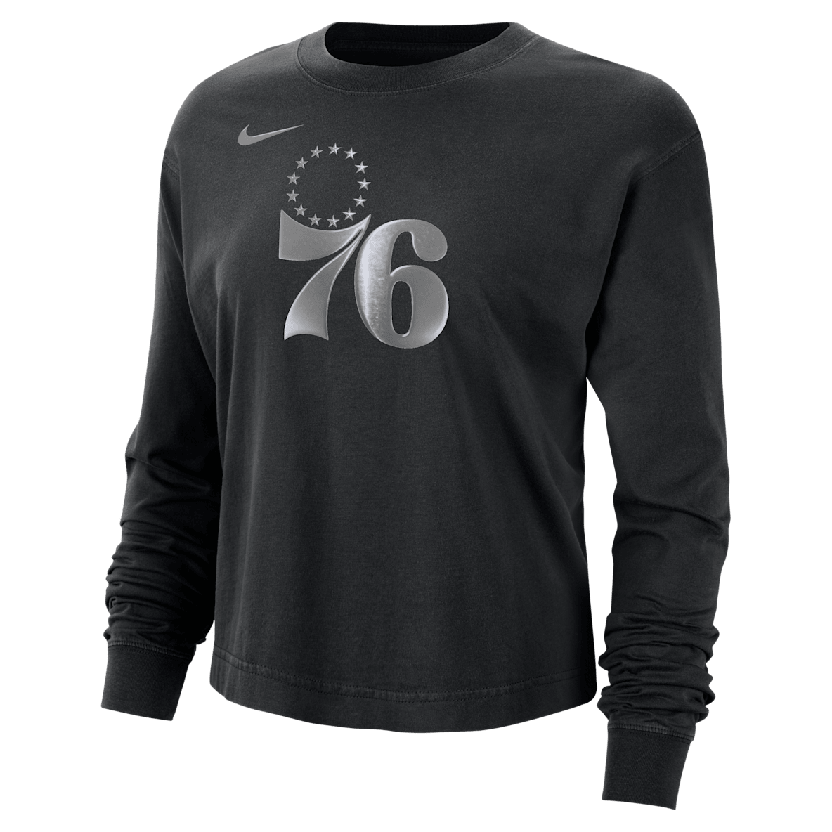 Philadelphia 76ers Courtside Philadelphia 76ers Courtside Playera de manga larga Nike de la NBA con brillo de corte cuadrado para mujer