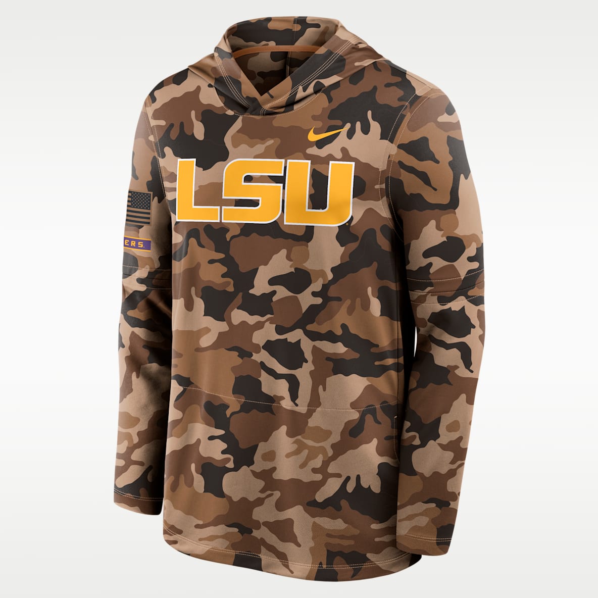 LSU 2026 Military Appreciation Sudadera de manga larga universitaria Nike Dri-FIT con gorro para hombre