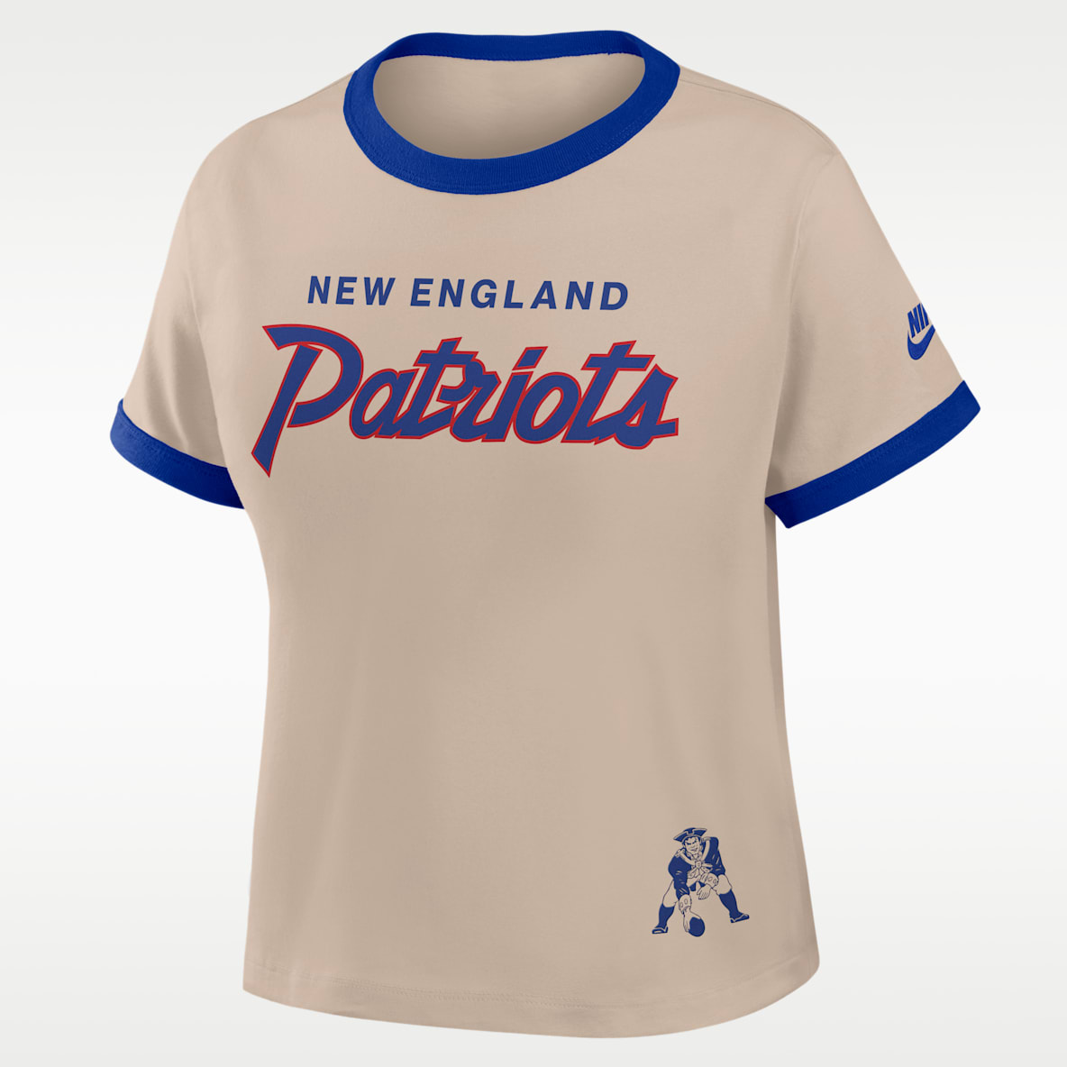 New England Patriots Rewind Ringer Mod Playera Nike de la NFL cropped para mujer